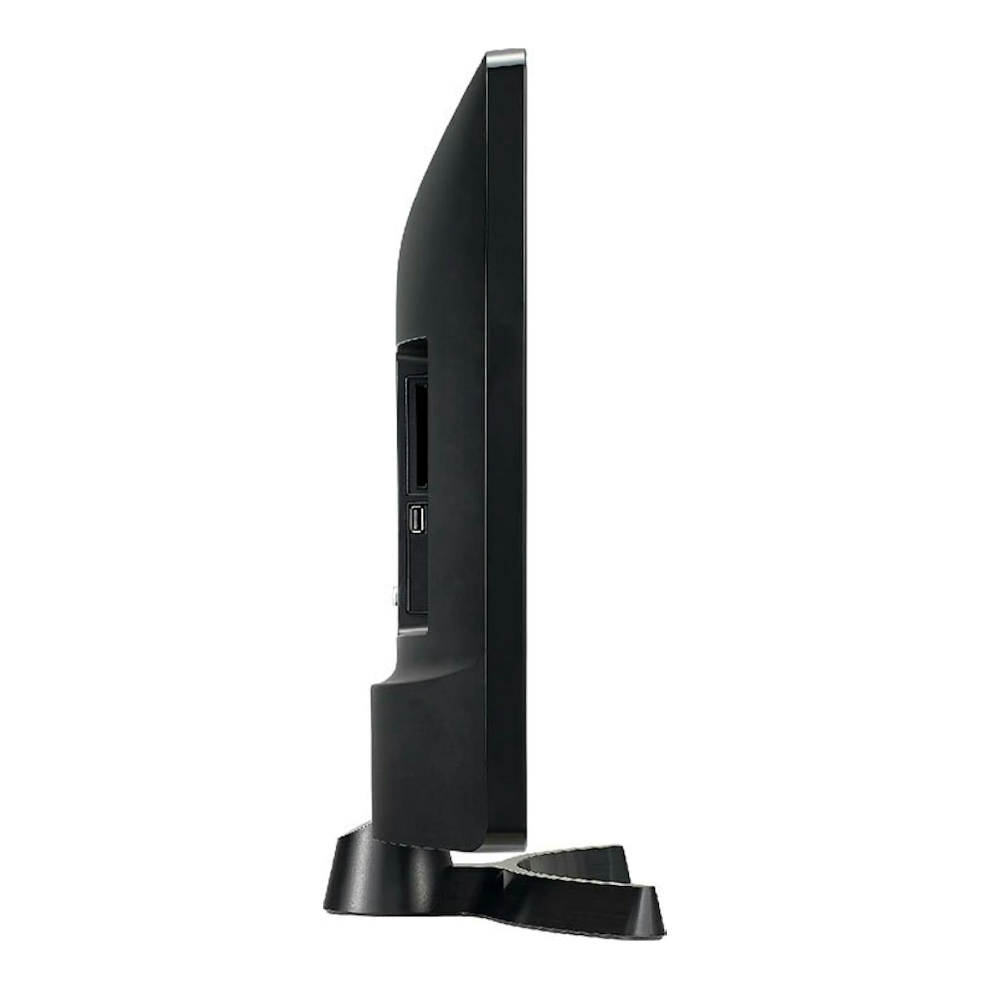 TV LED LG 27TQ615S-PZ negra, vista lateral sobre base, con puertos visibles en el lateral.