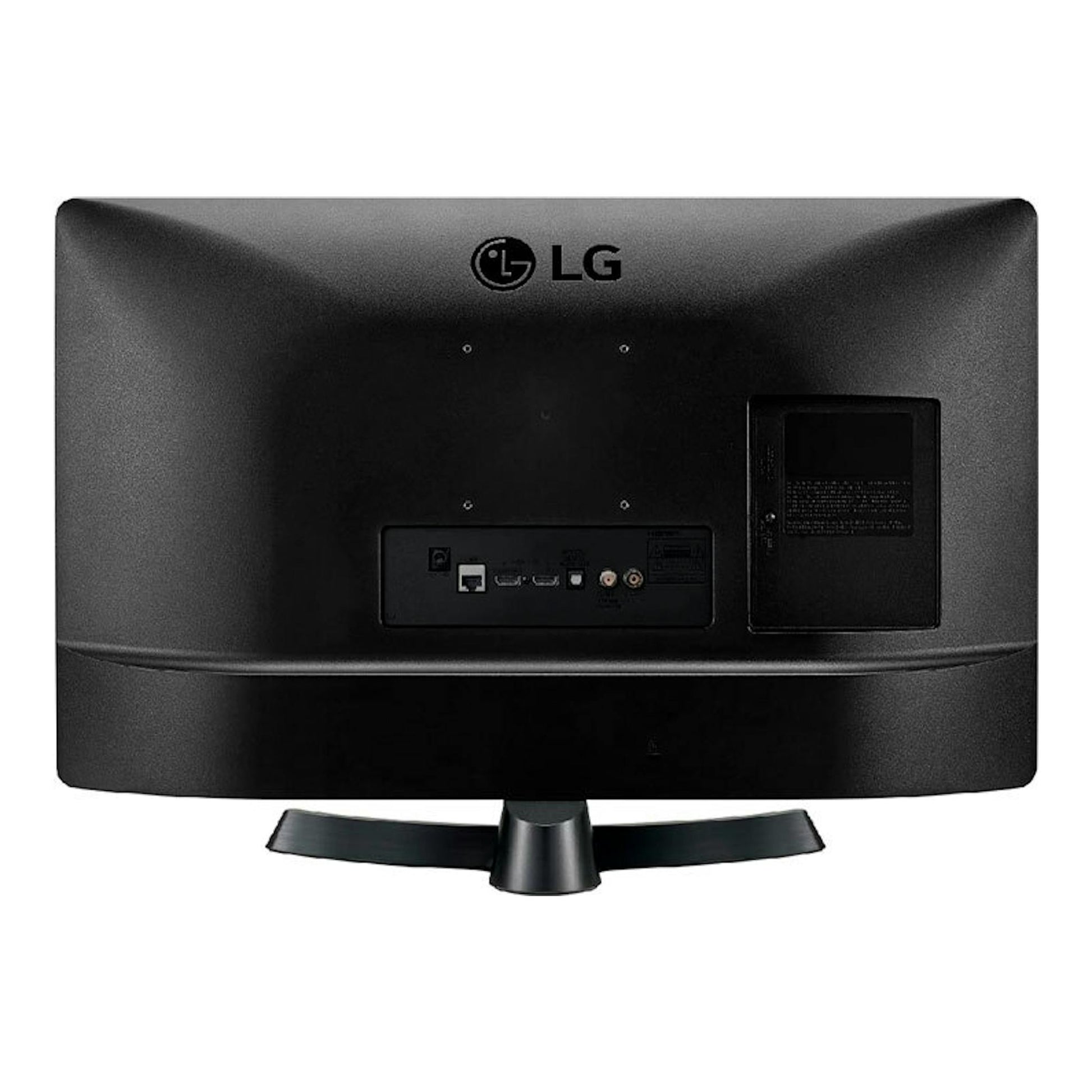 TV LG 27TQ615S-PZ negra, vista trasera, con base y puertos visibles.