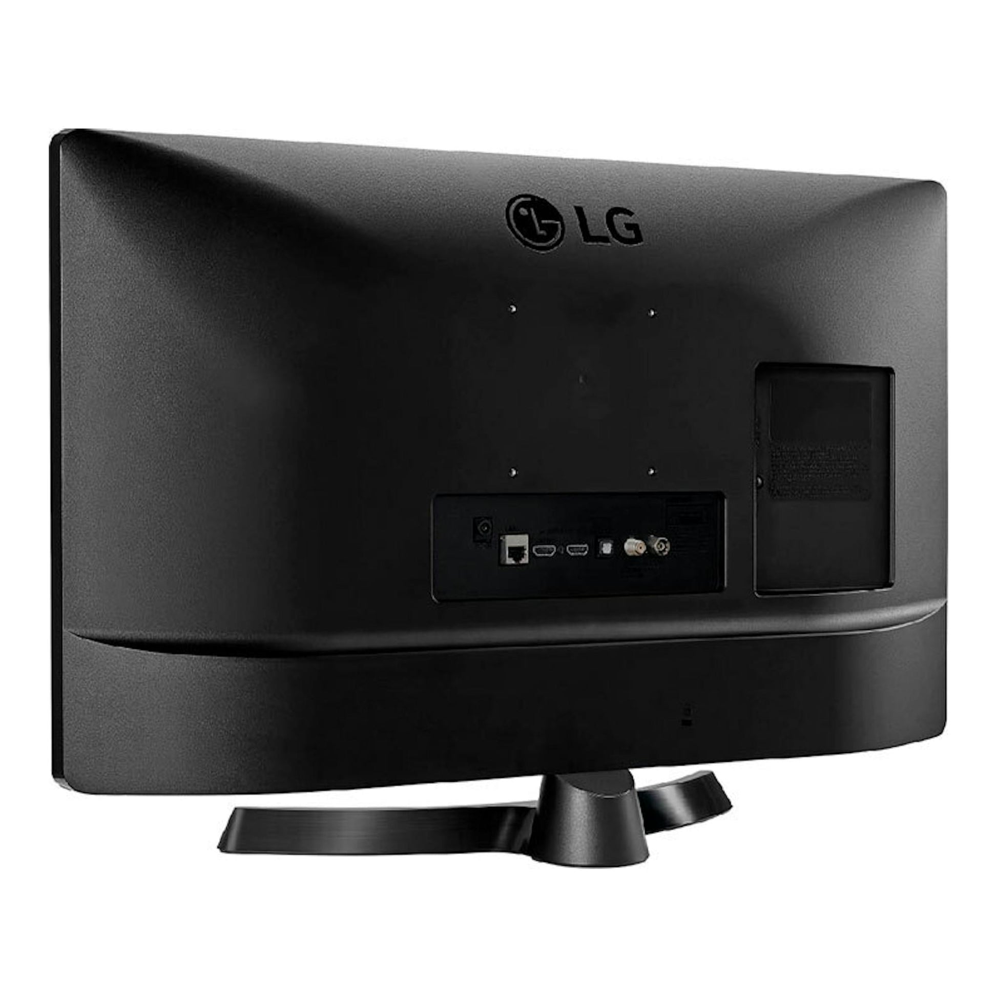 TV LG 27TQ615S-PZ negra, vista trasera en ángulo, con base y puertos visibles.