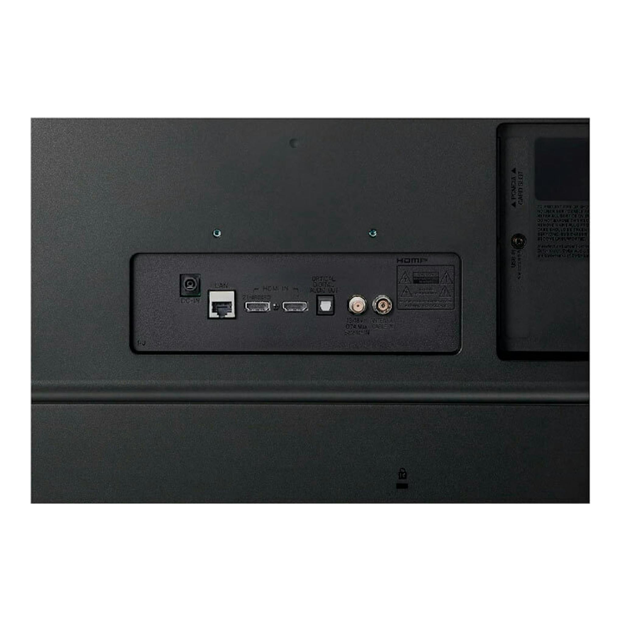 Vista posterior de TV LG 27TQ615S-PZ negra, con puertos HDMI, LAN y audio visibles.