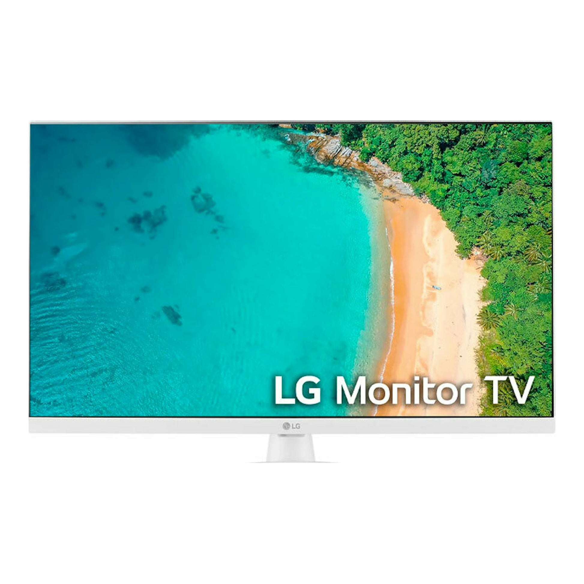 LG 27TQ615S-WZ Monitor TV blanco, vista frontal, con pantalla mostrando una playa aérea.
