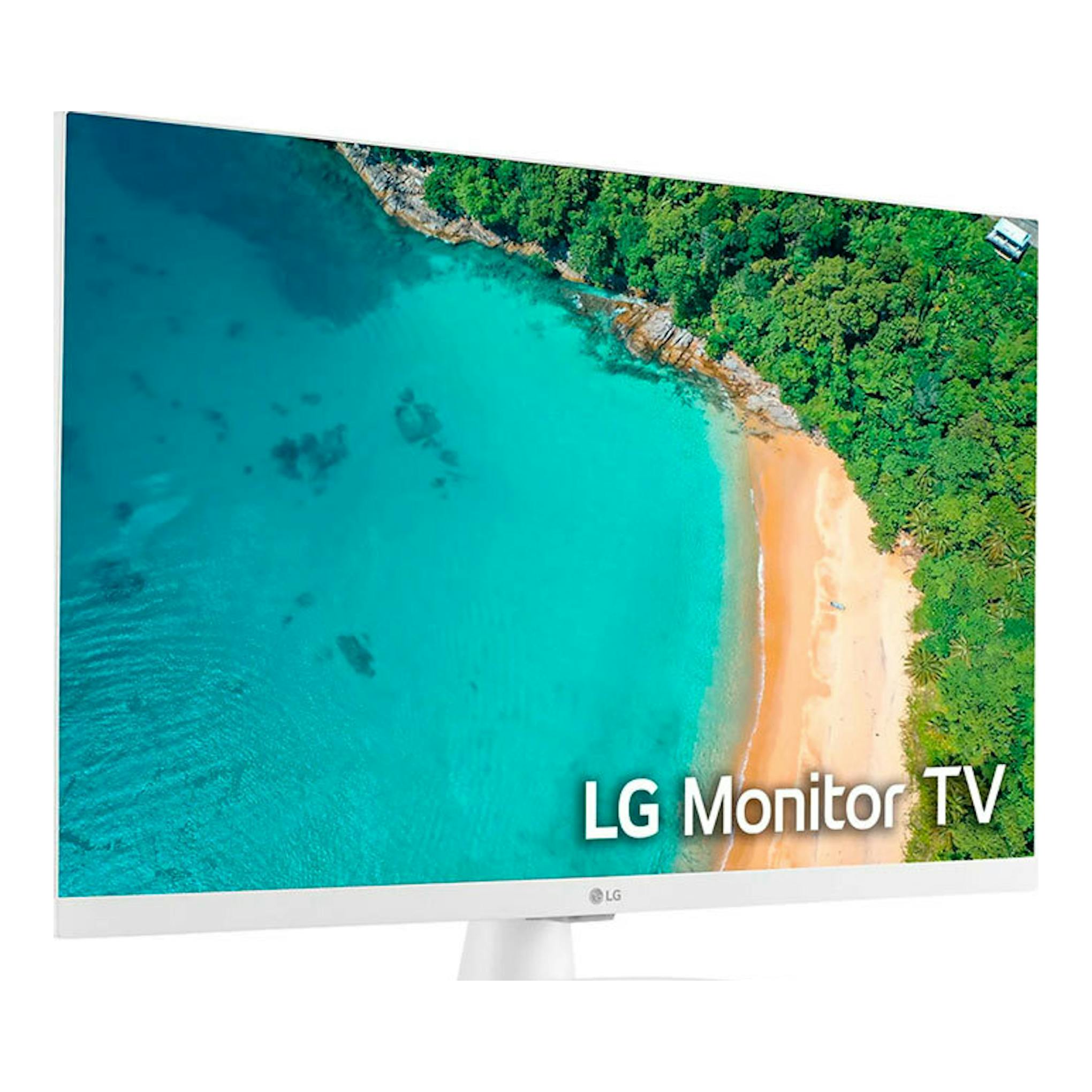 LG 27TQ615S-WZ, TV blanco en vista frontal inclinada, con imagen de playa en pantalla.
