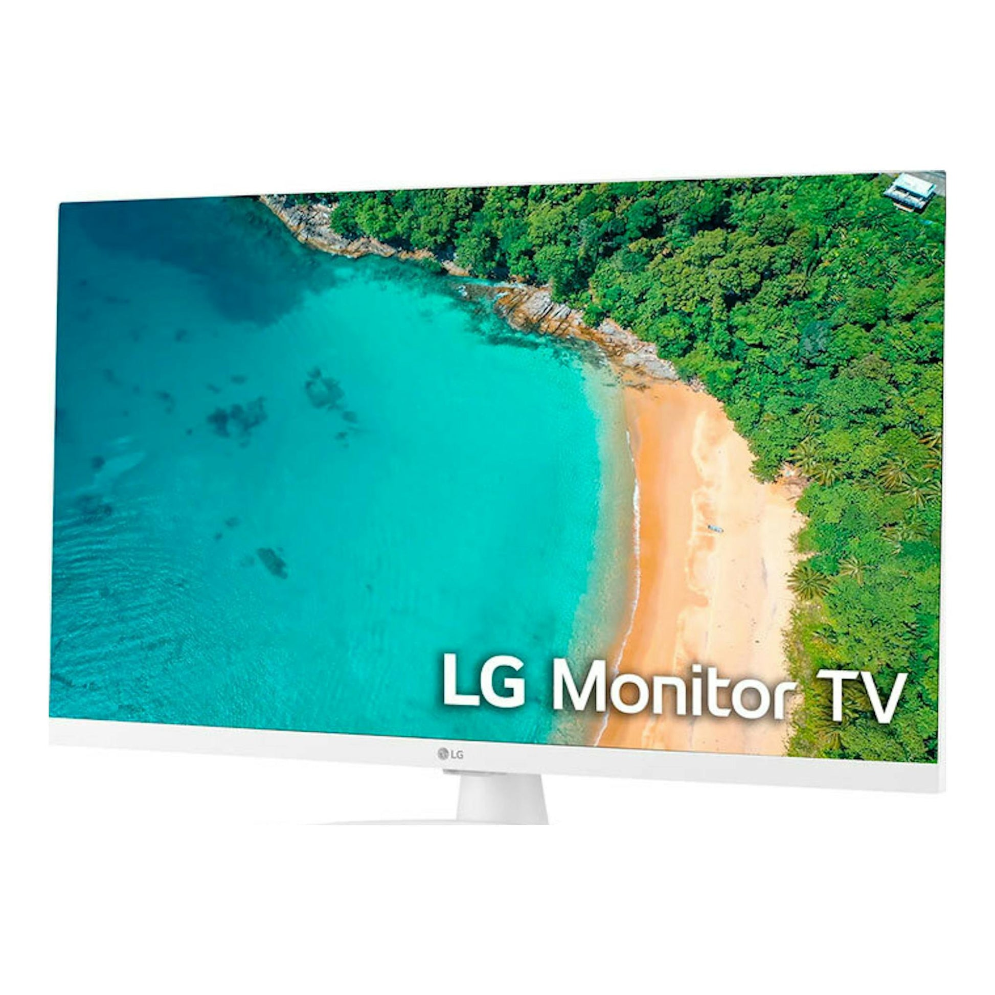 LG 27TQ615S-WZ de 27", monitor TV blanco, vista frontal con imagen de playa en pantalla.