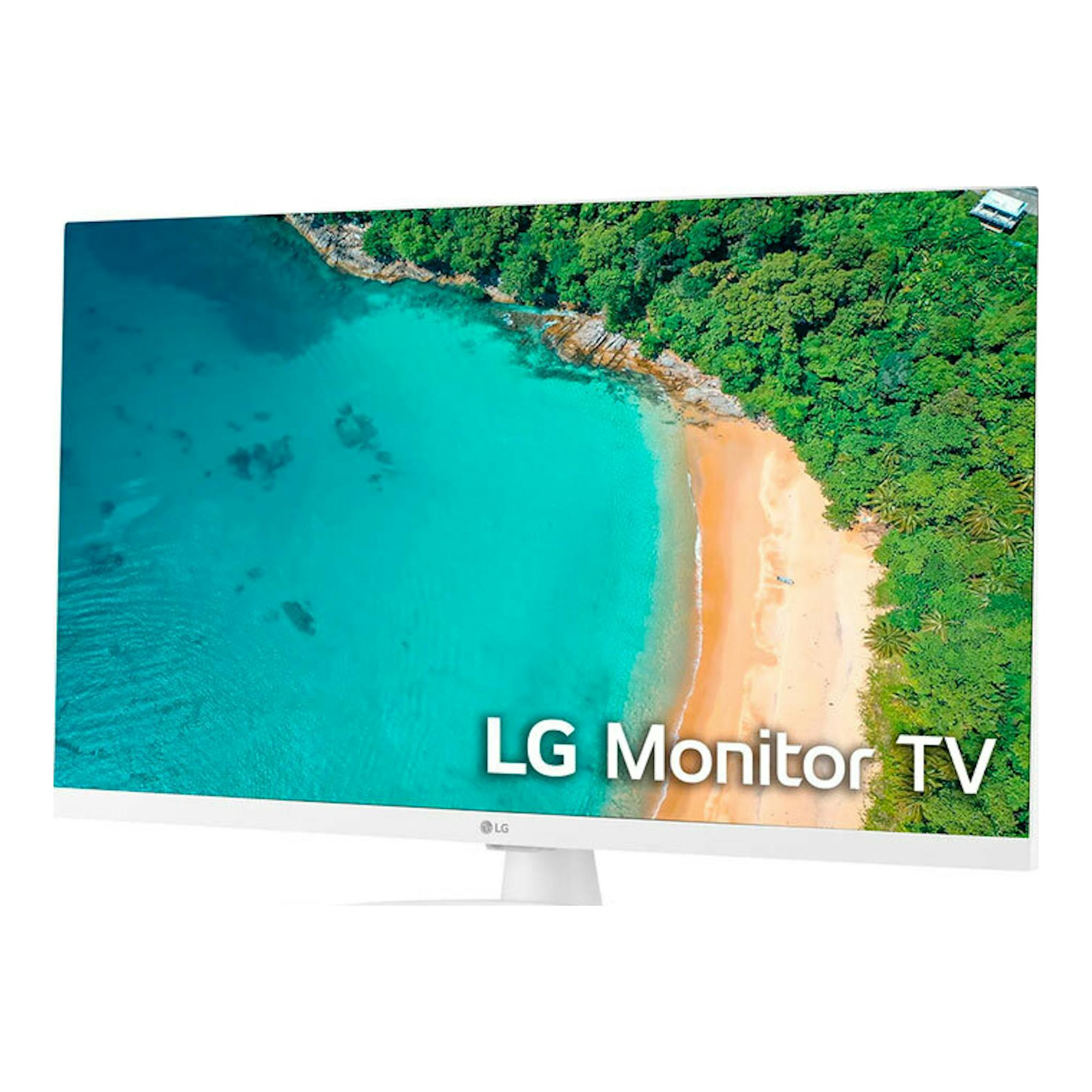 LG 27TQ615S-WZ de 27", monitor TV blanco, vista frontal con imagen de playa en pantalla.