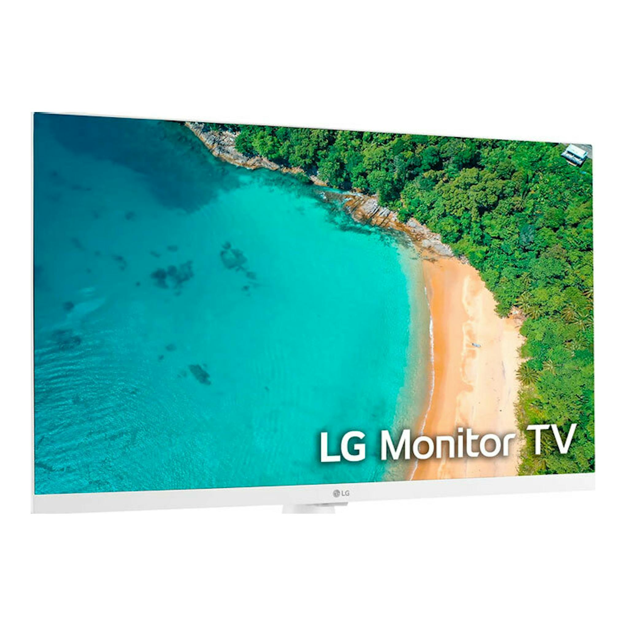 LG 27TQ615S-WZ, monitor TV blanco de 27 pulgadas, vista frontal ligeramente angulada sobre base circular.