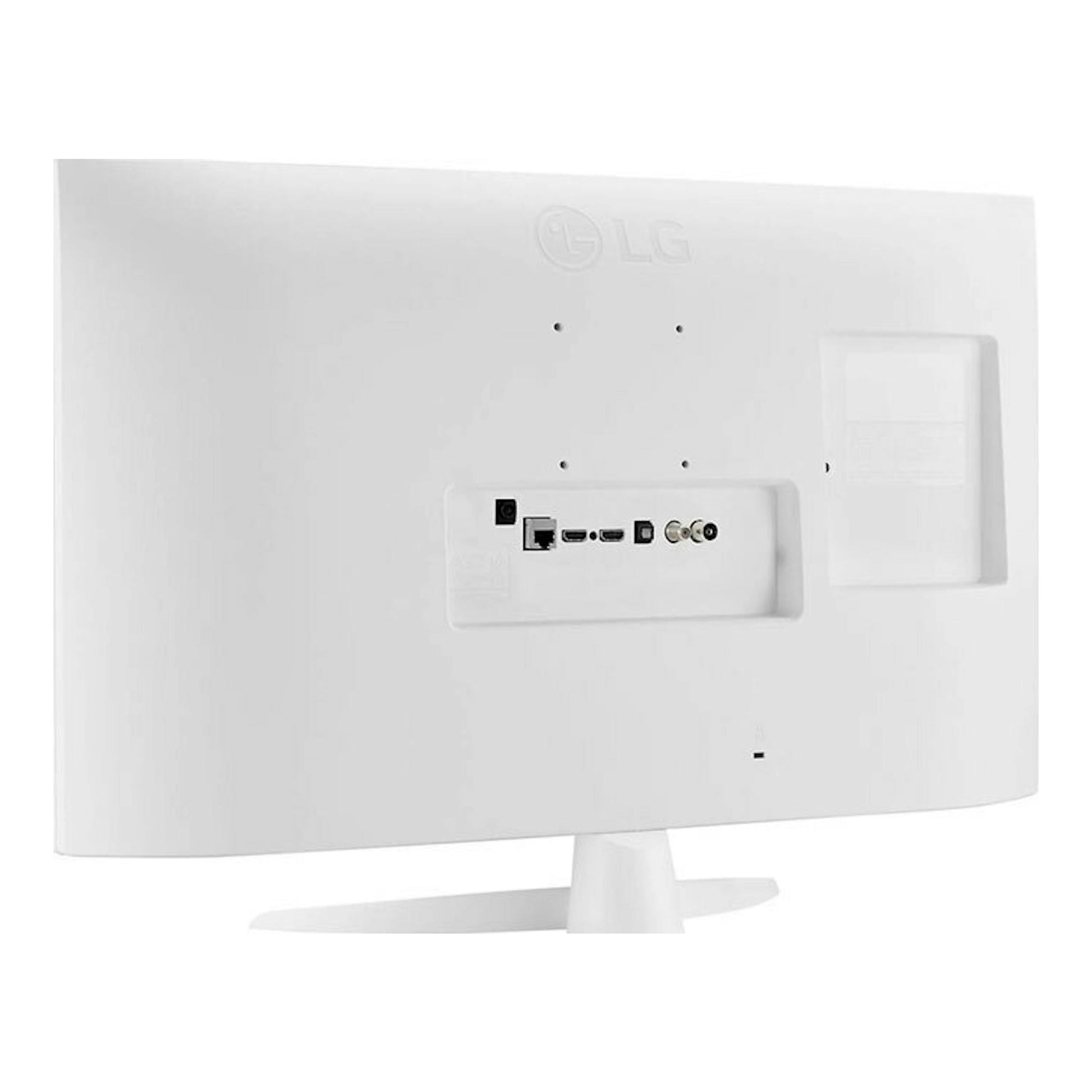 LG 27TQ615S-WZ blanco, vista trasera con soporte y panel de conexiones.
