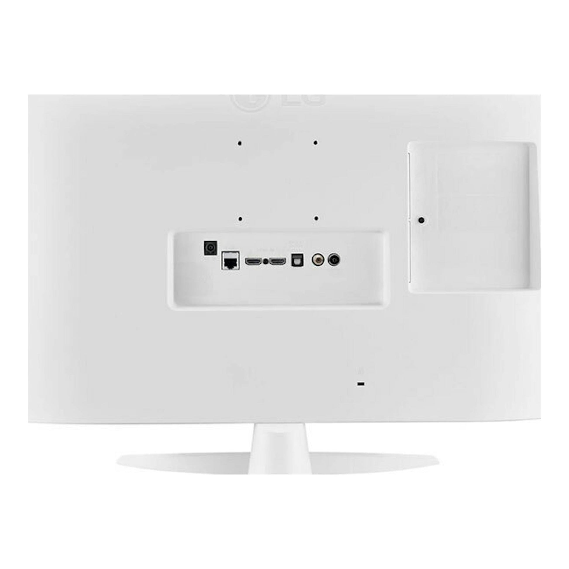 TV LG 27TQ615S-WZ blanca de 27", vista trasera con soporte central y puertos HDMI, USB y antena.
