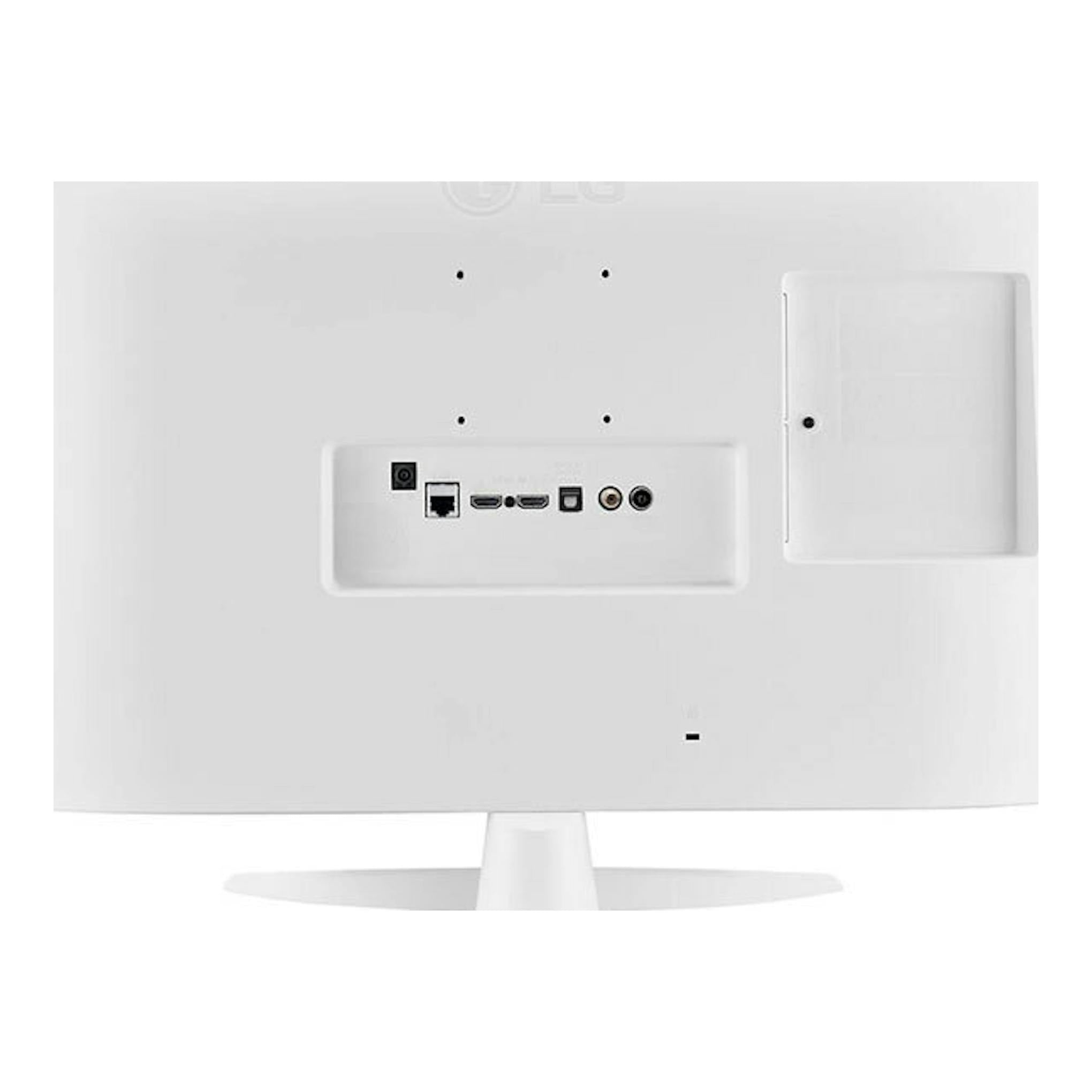 TV LG 27TQ615S-WZ blanca de 27", vista trasera con soporte central y puertos HDMI, USB y antena.