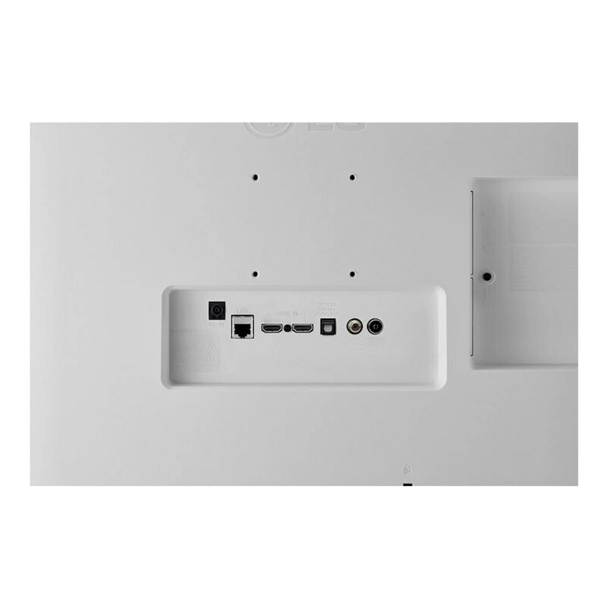 Parte trasera de TV LG 27TQ615S-WZ blanca, con panel de puertos y soporte lateral visible.