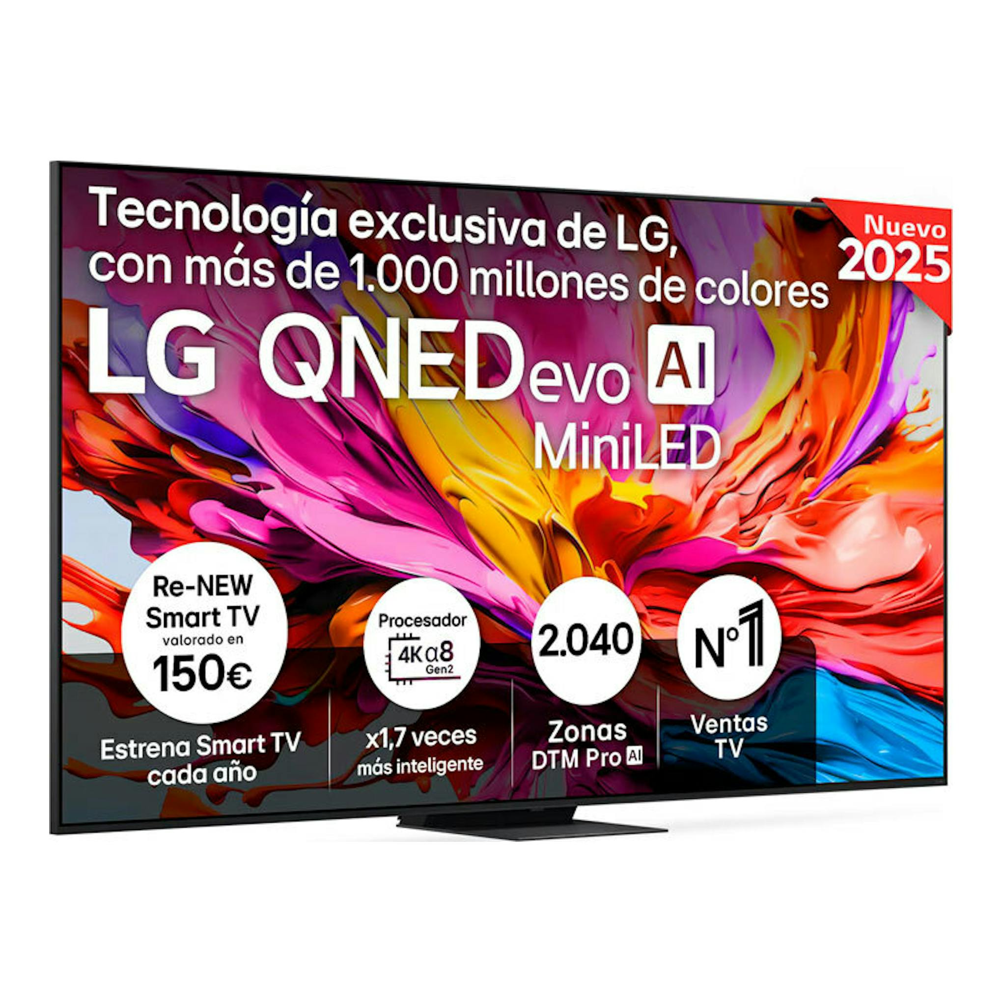 TV LG 100QNED86A6 QNED evo AI MiniLED, vista frontal, pantalla multicolor y base negra.