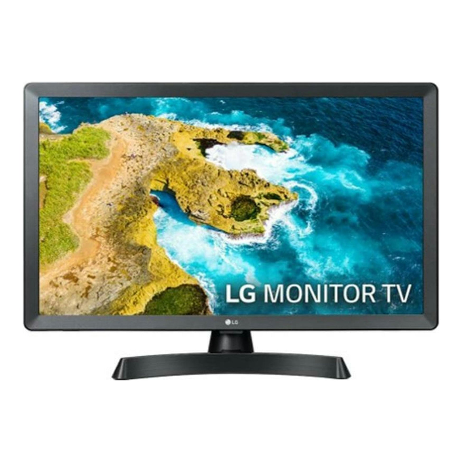 TV LG 24TQ510S-PZ negra, vista frontal, con base central y paisaje marino en pantalla.