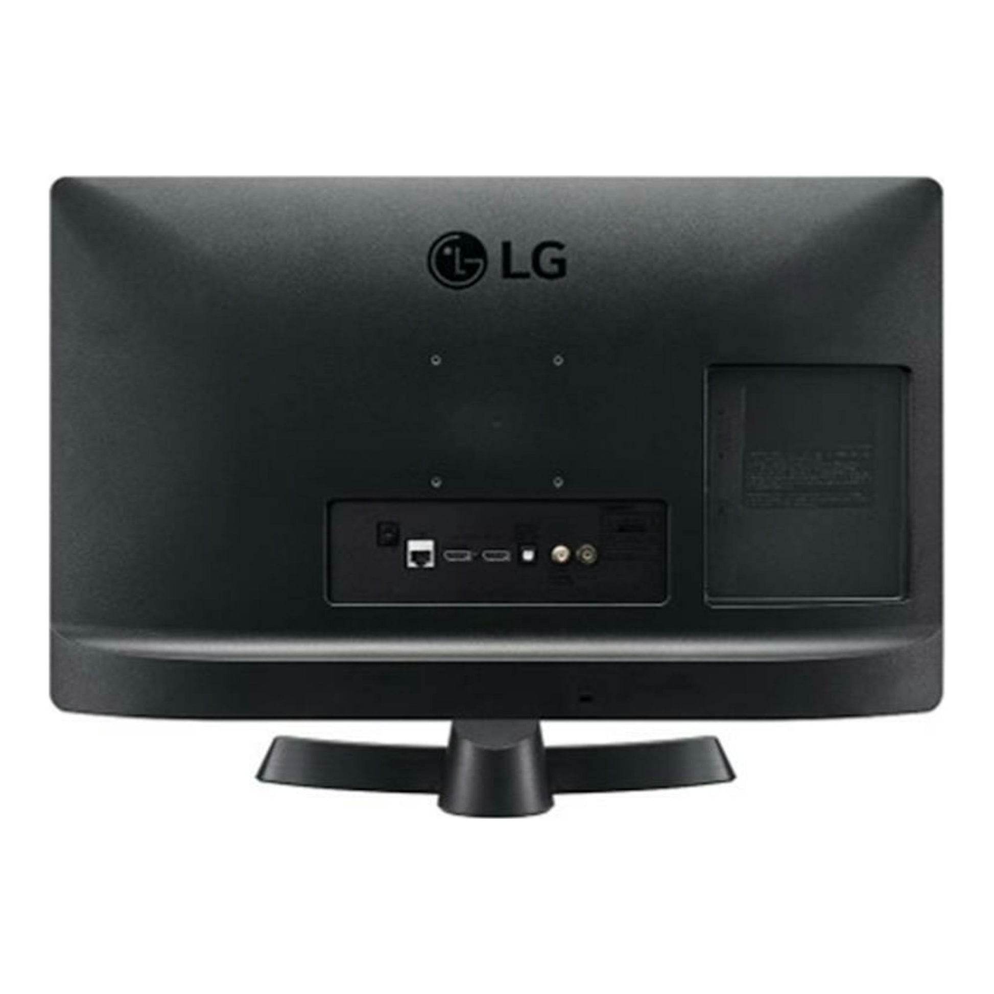 TV LG 24TQ510S-PZ negra, vista trasera con puertos y base central.