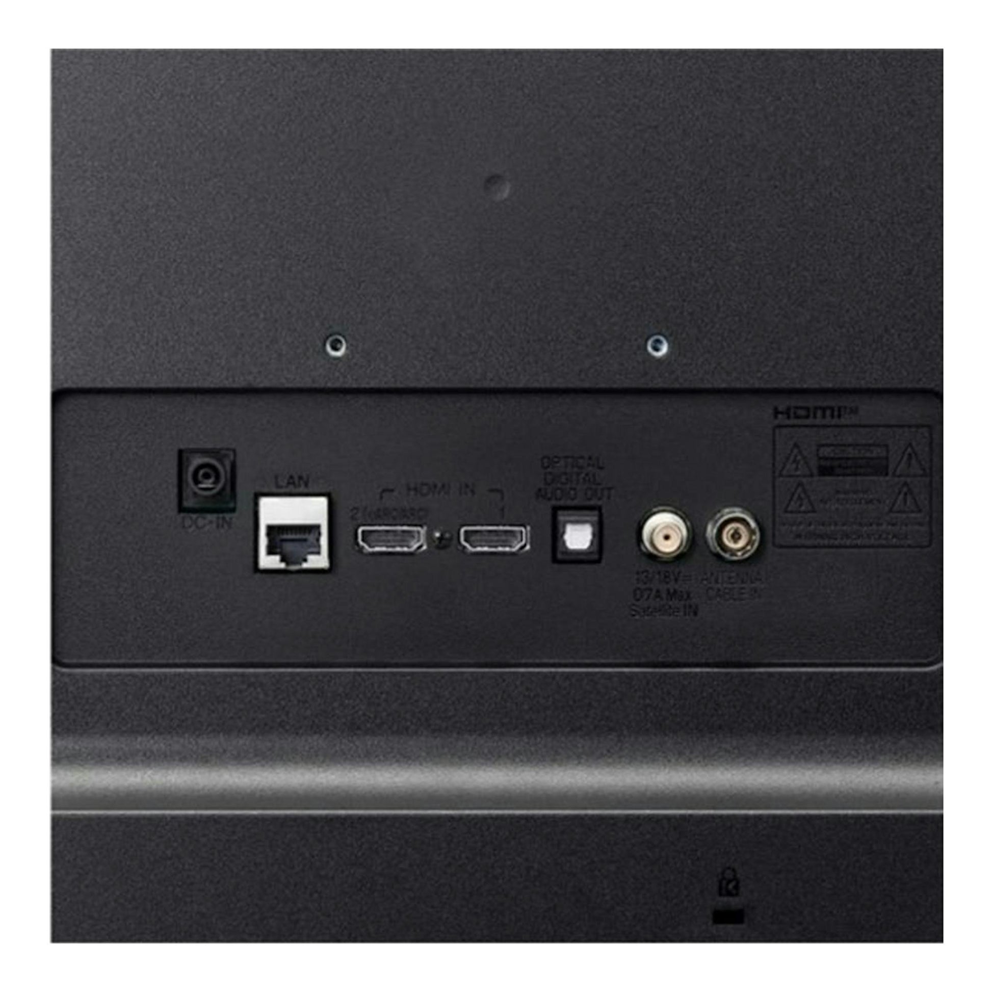 Parte trasera de TV LG 24TQ510S-PZ negra, con puertos HDMI, LAN, audio óptico y antena.