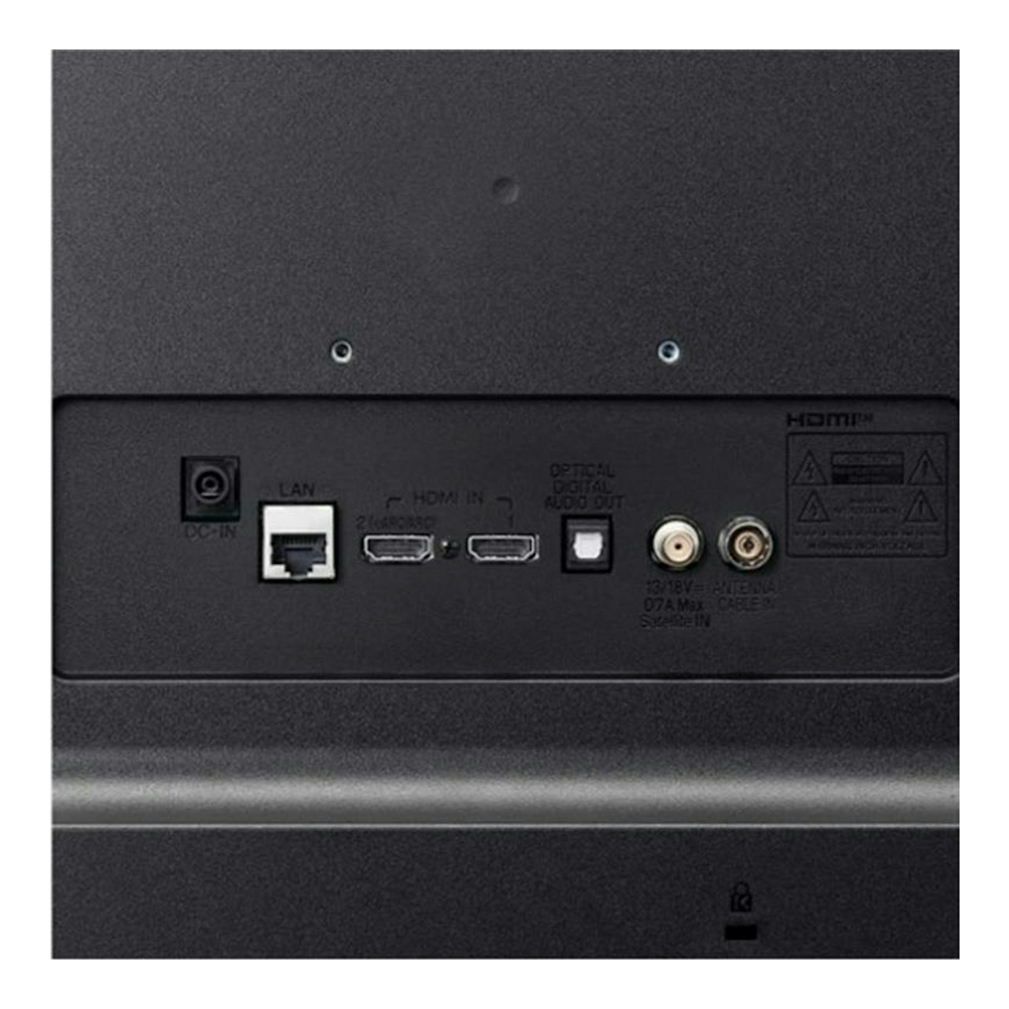 Parte trasera de TV LG 24TQ510S-PZ negra, con puertos HDMI, LAN, audio óptico y antena.