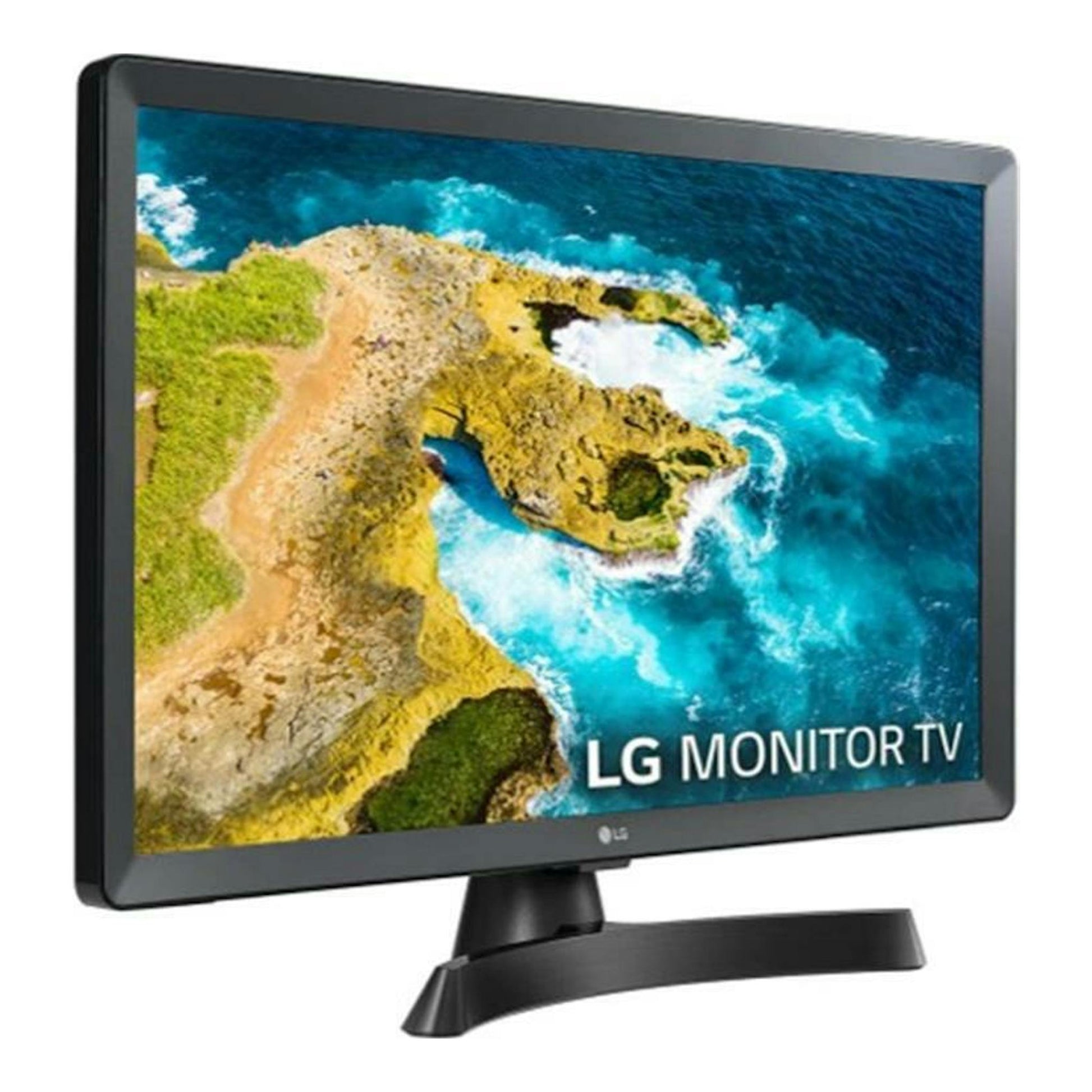 LG 24TQ510S-PZ, monitor TV negro visto en ángulo frontal, con base y pantalla con paisaje marino.