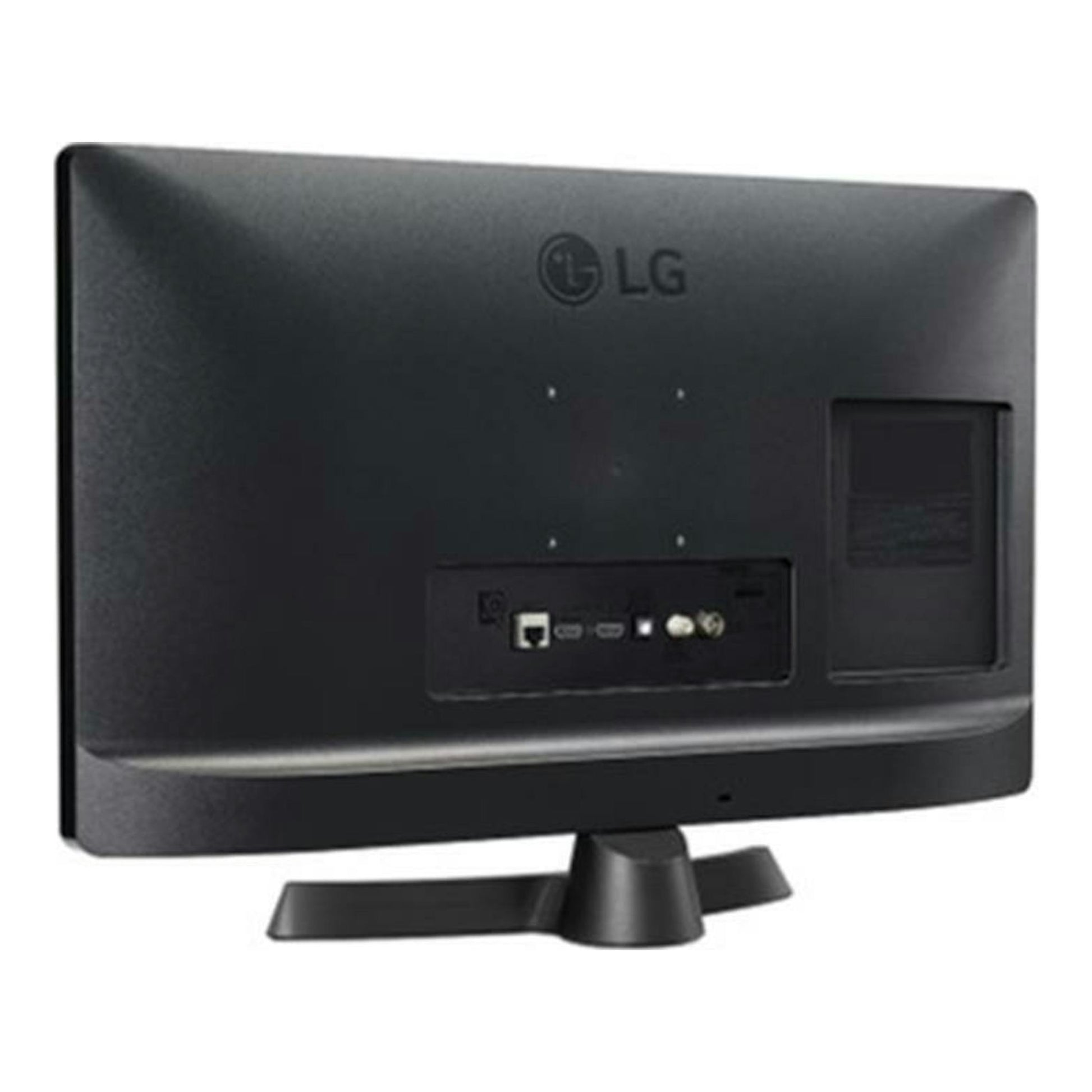 TV LG 24TQ510S-PZ LED de 24 pulgadas, vista trasera, color negro, con base de apoyo.