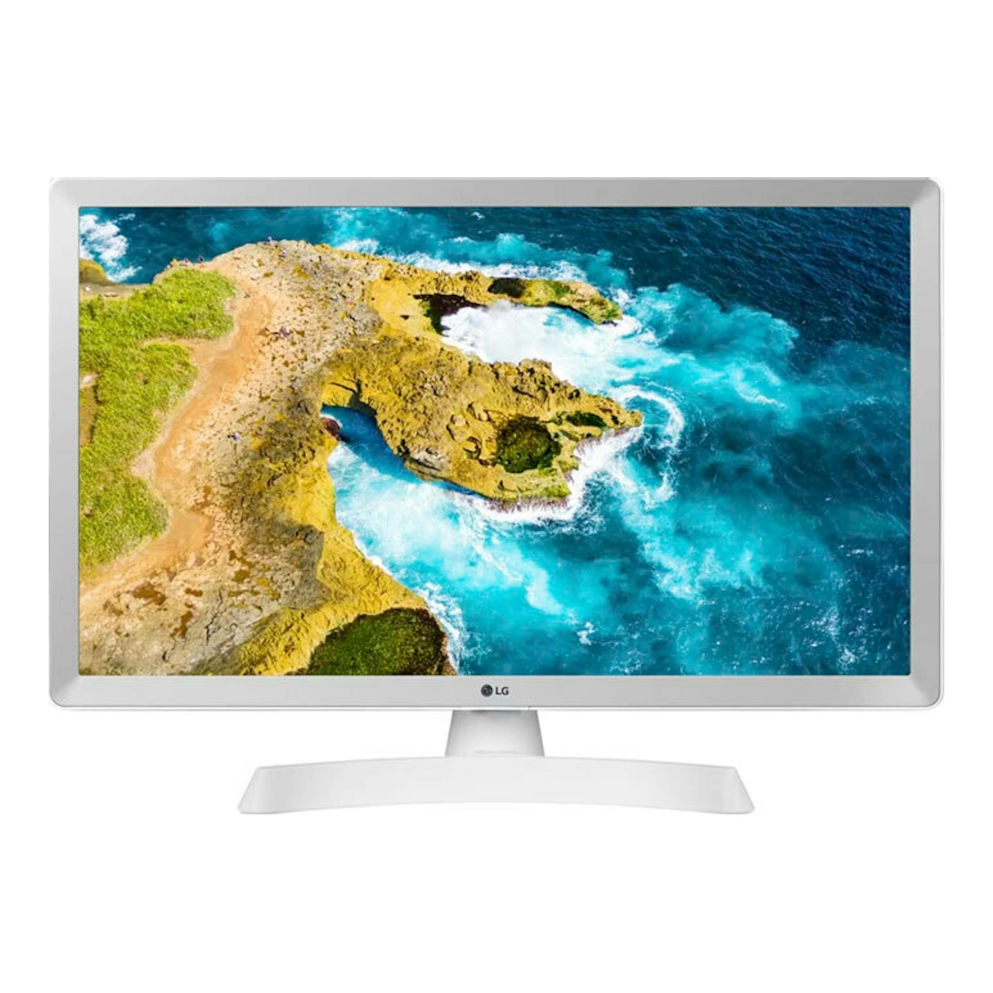 TV LG 24TQ510S-WZ blanca, vista frontal, sobre soporte, con imagen de costa y mar en pantalla.