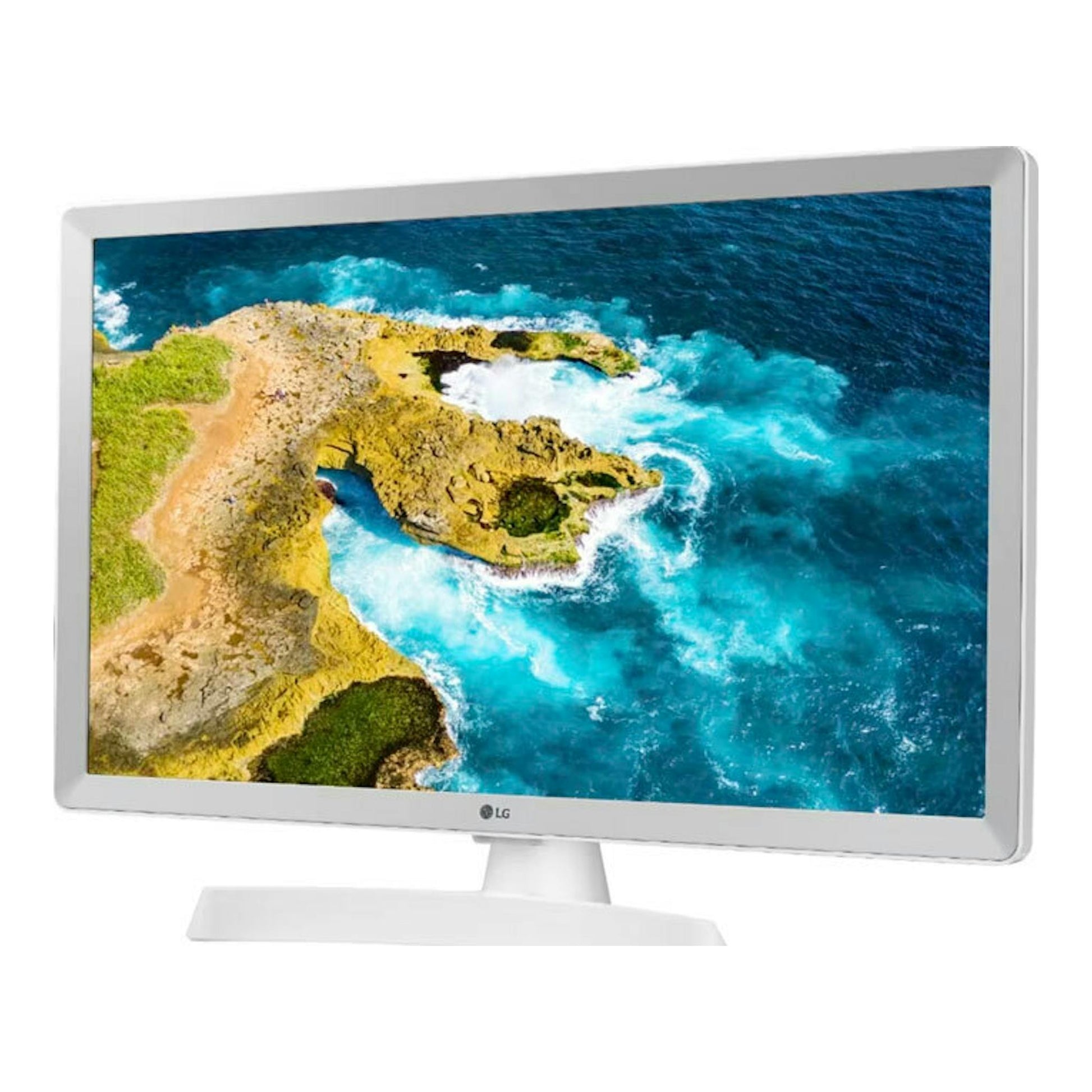 TV LG 24TQ510S-WZ blanca, vista frontal, con pantalla mostrando costa y mar.