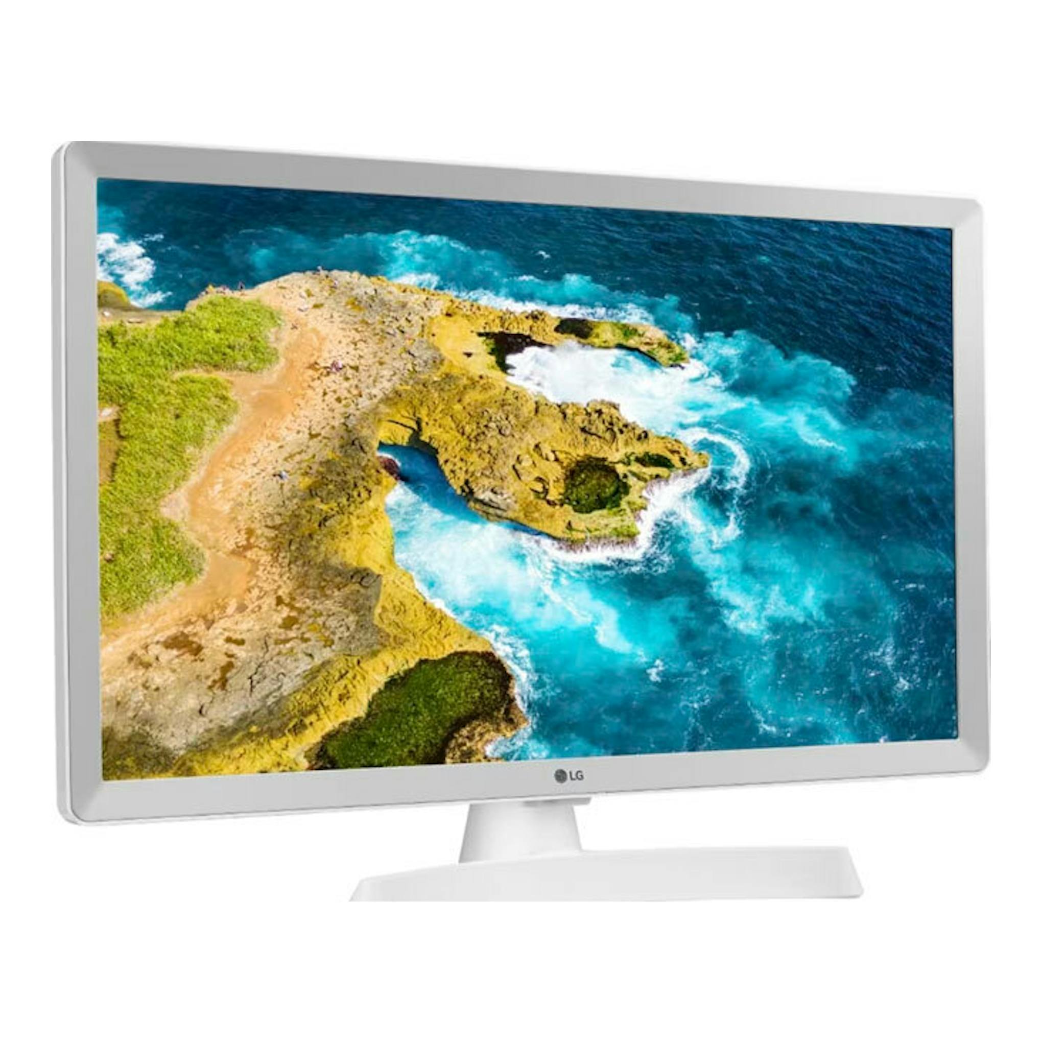 Televisor LG 24TQ510S-WZ LED de 24 pulgadas, blanco, vista frontal en ángulo, con base blanca.