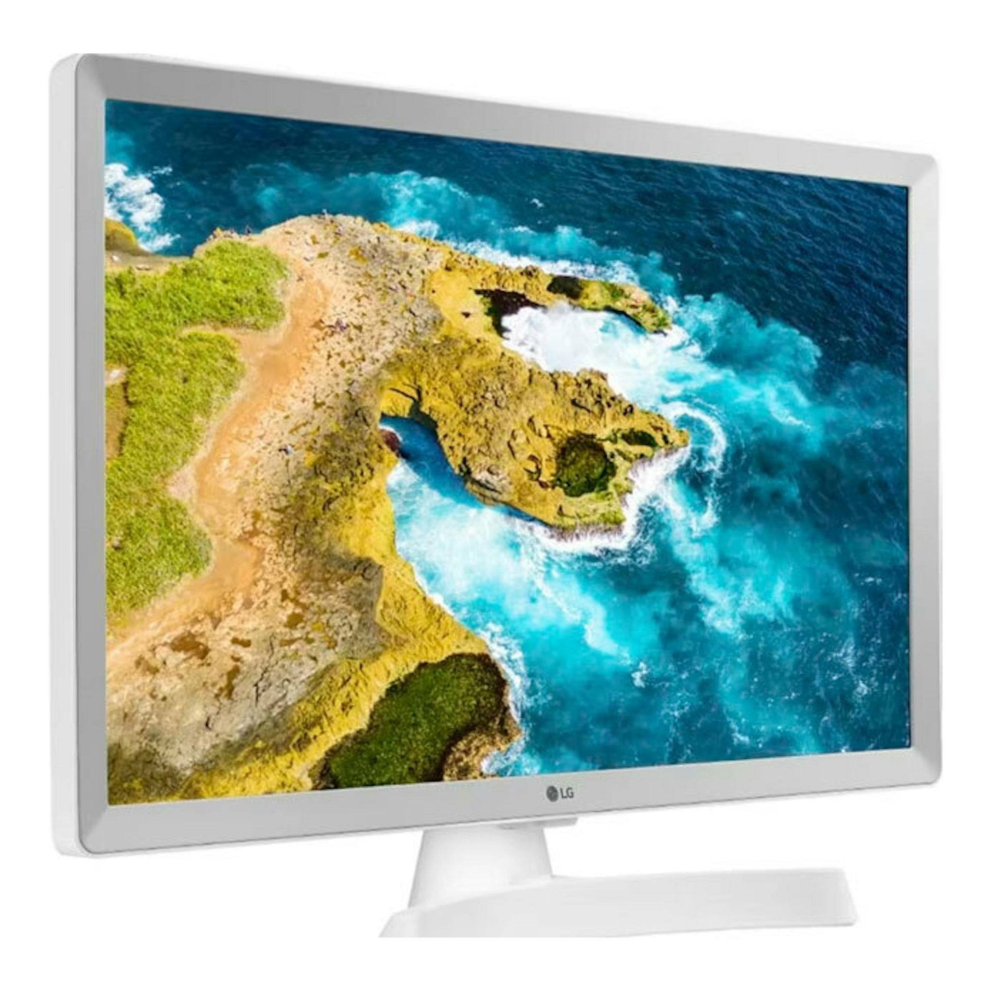 TV LG 24TQ510S-WZ LED de 24 pulgadas, vista frontal en ángulo, marco blanco y base blanca, con imagen de costa.