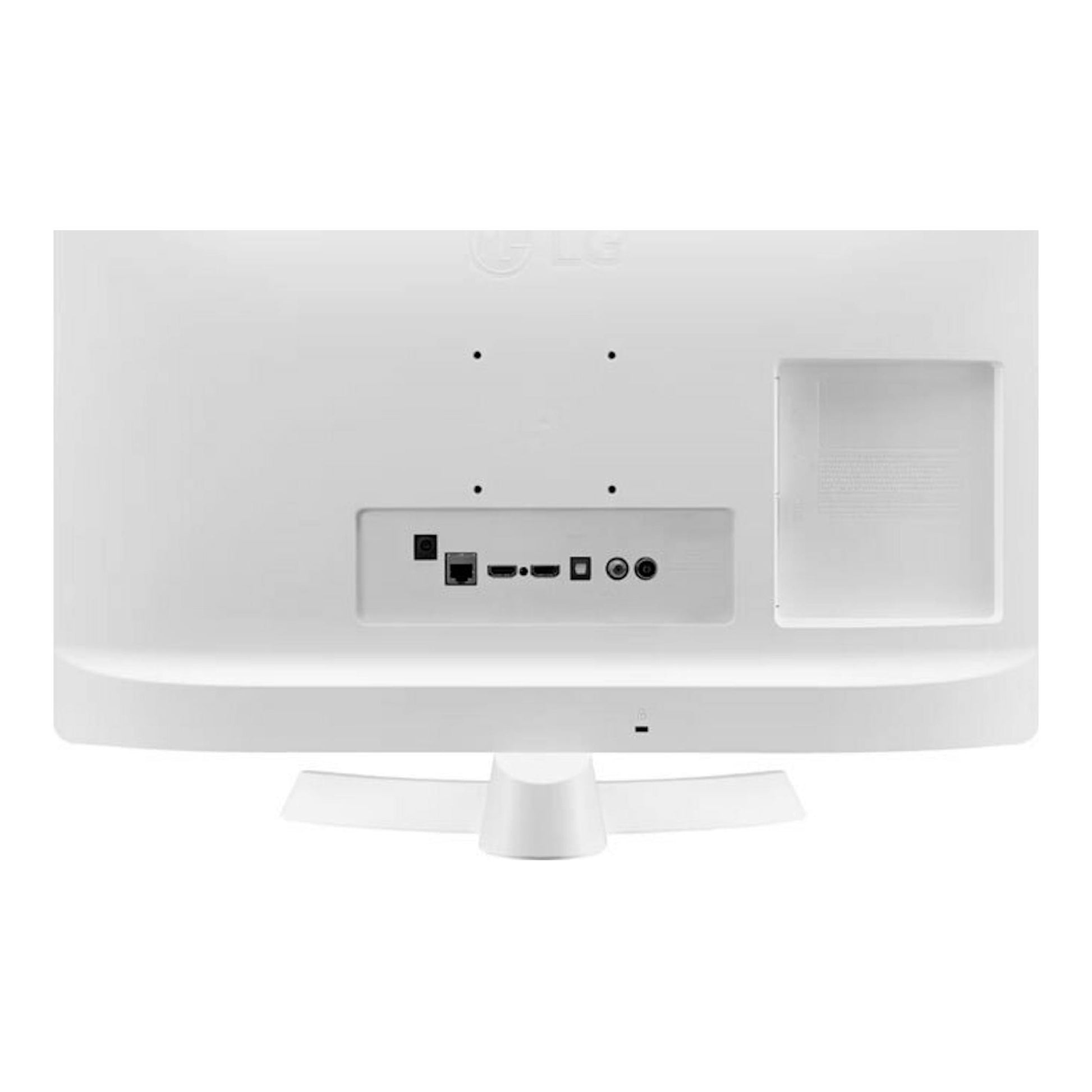 Parte trasera de un televisor LG 24TQ510S-WZ blanco, con base y puertos visibles.