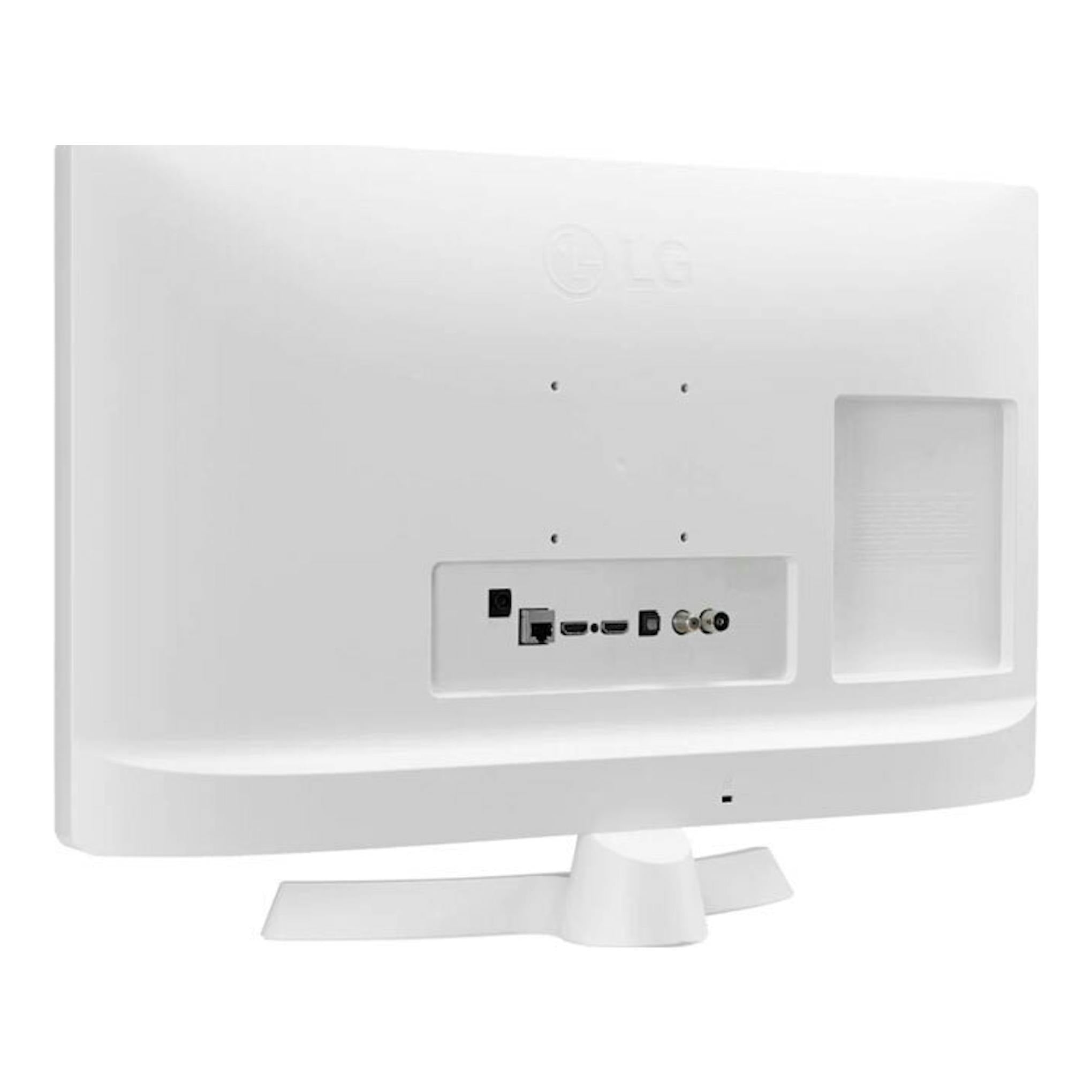 TV LG 24TQ510S-WZ blanca, vista trasera en ángulo, con base y puertos de conexión visibles.