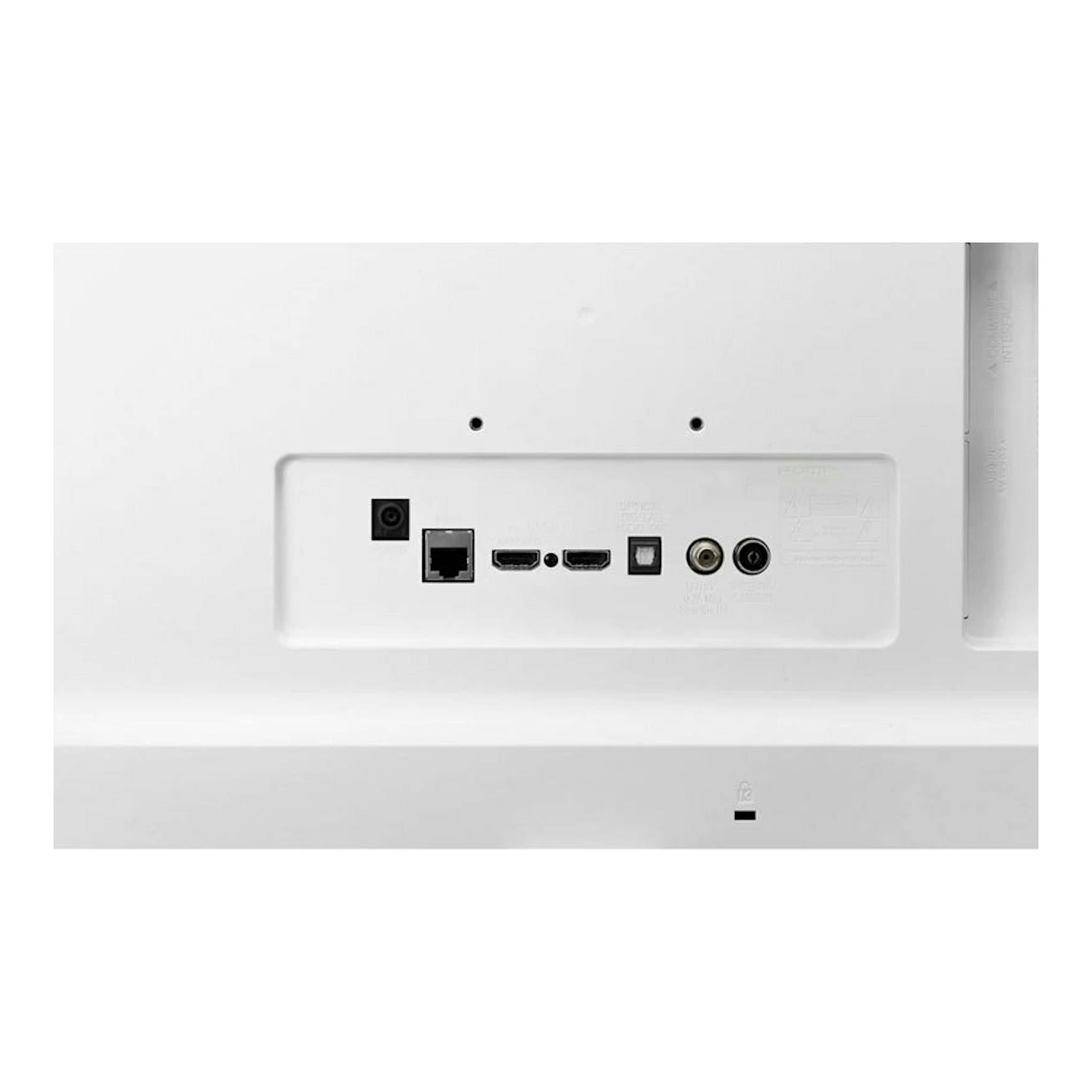 TV LG 24TQ510S-WZ blanca, vista trasera con puertos HDMI, Ethernet, óptico y coaxial.