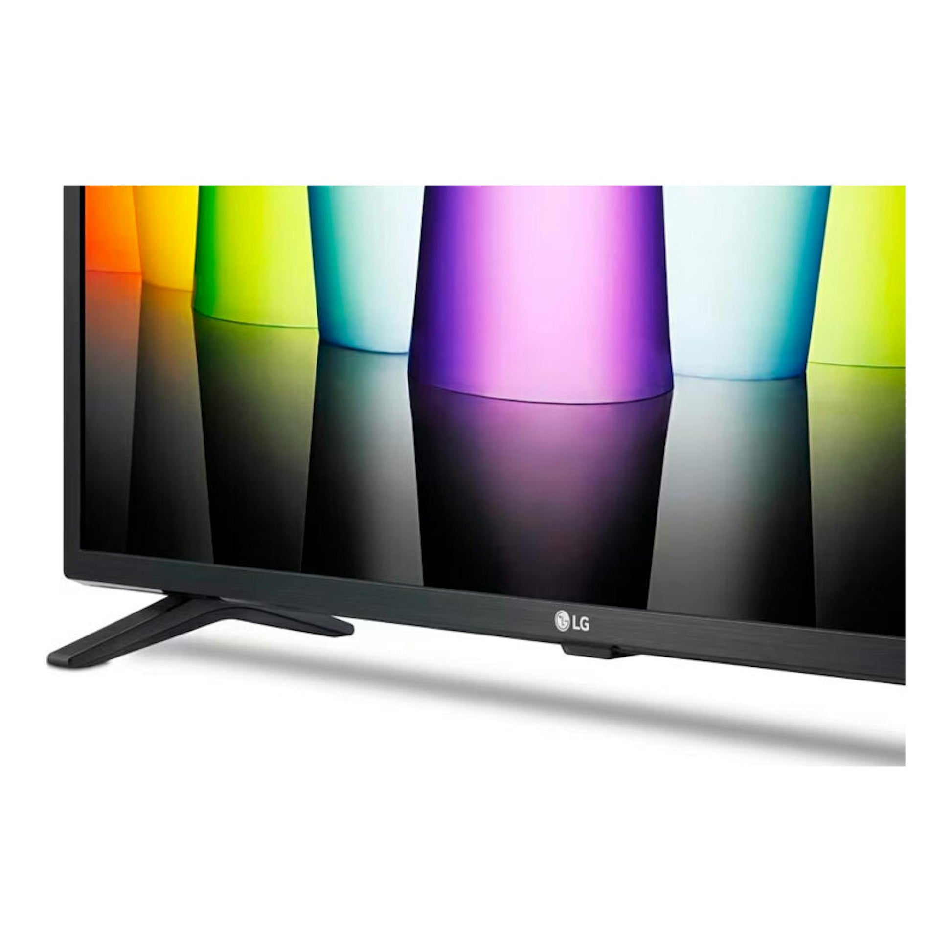 Televisor LG 32LQ63006LA negro, vista frontal parcial, con base lateral y pantalla con formas de colores.