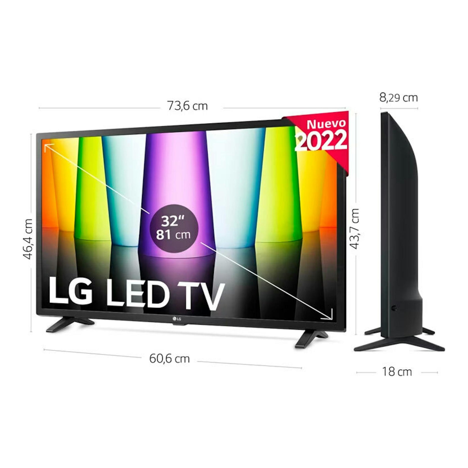 TV LG 32LQ63006LA LED de 32", vista frontal y lateral, color negro, con soporte y medidas.