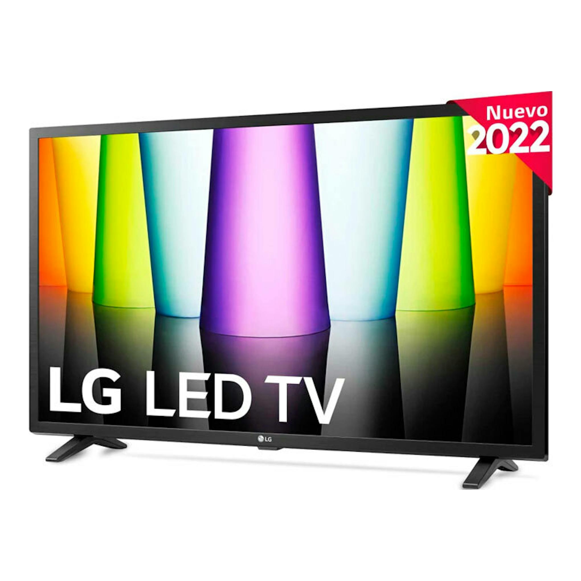 Televisor LG 32LQ63006LA LED negro, vista frontal, con pantalla multicolor y peanas laterales.