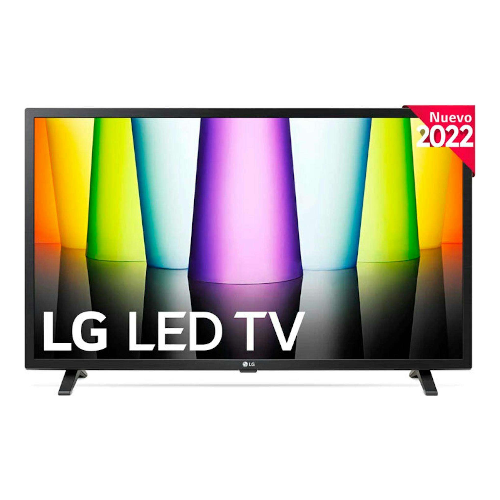 Televisor LG 32LQ63006LA LED negro, vista frontal, con pantalla encendida y peana.