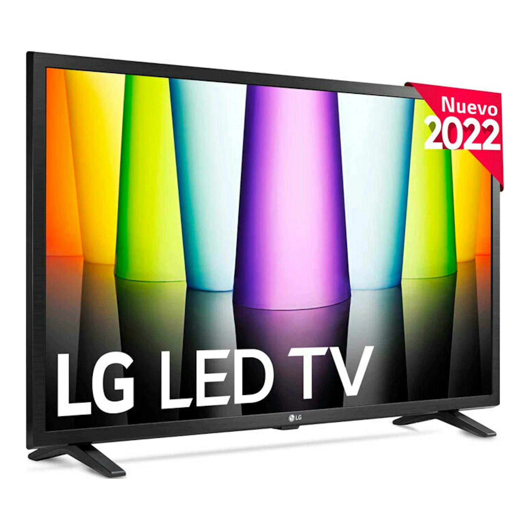 Televisor LG 32LQ63006LA negro, vista frontal en ángulo, con pantalla de colores y patas laterales.