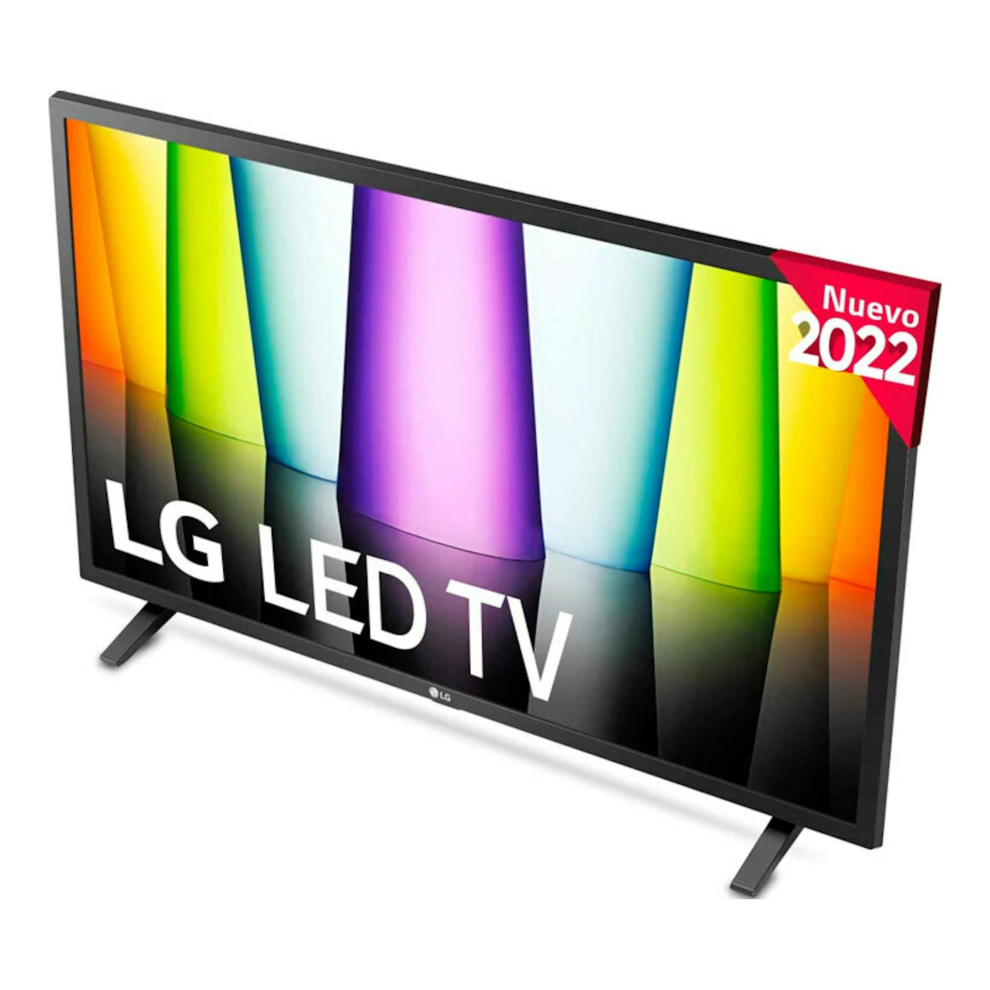 TV LG 32LQ630B6LA LED negra, vista en ángulo con pantalla de colores y base de dos patas.