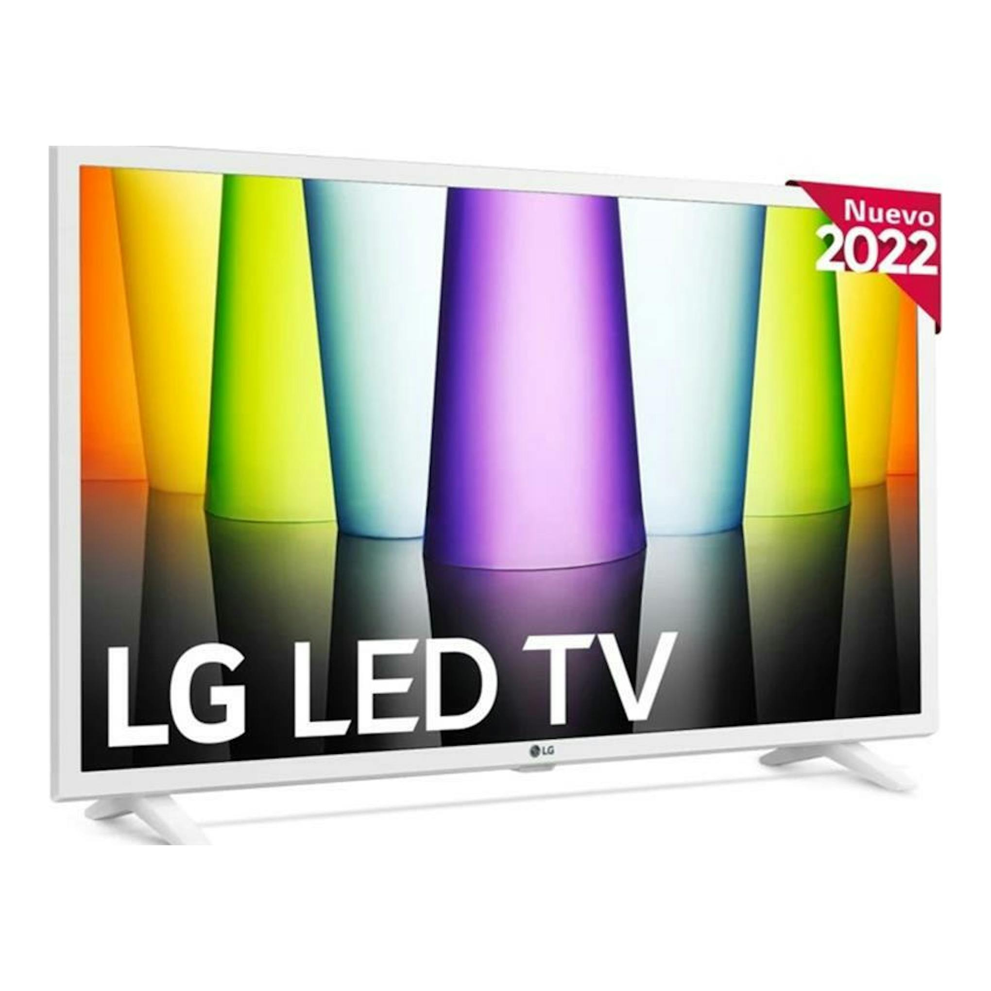 Televisor LG 32LQ63806LC blanco, vista frontal, con pantalla de barras de colores y texto LG LED TV.