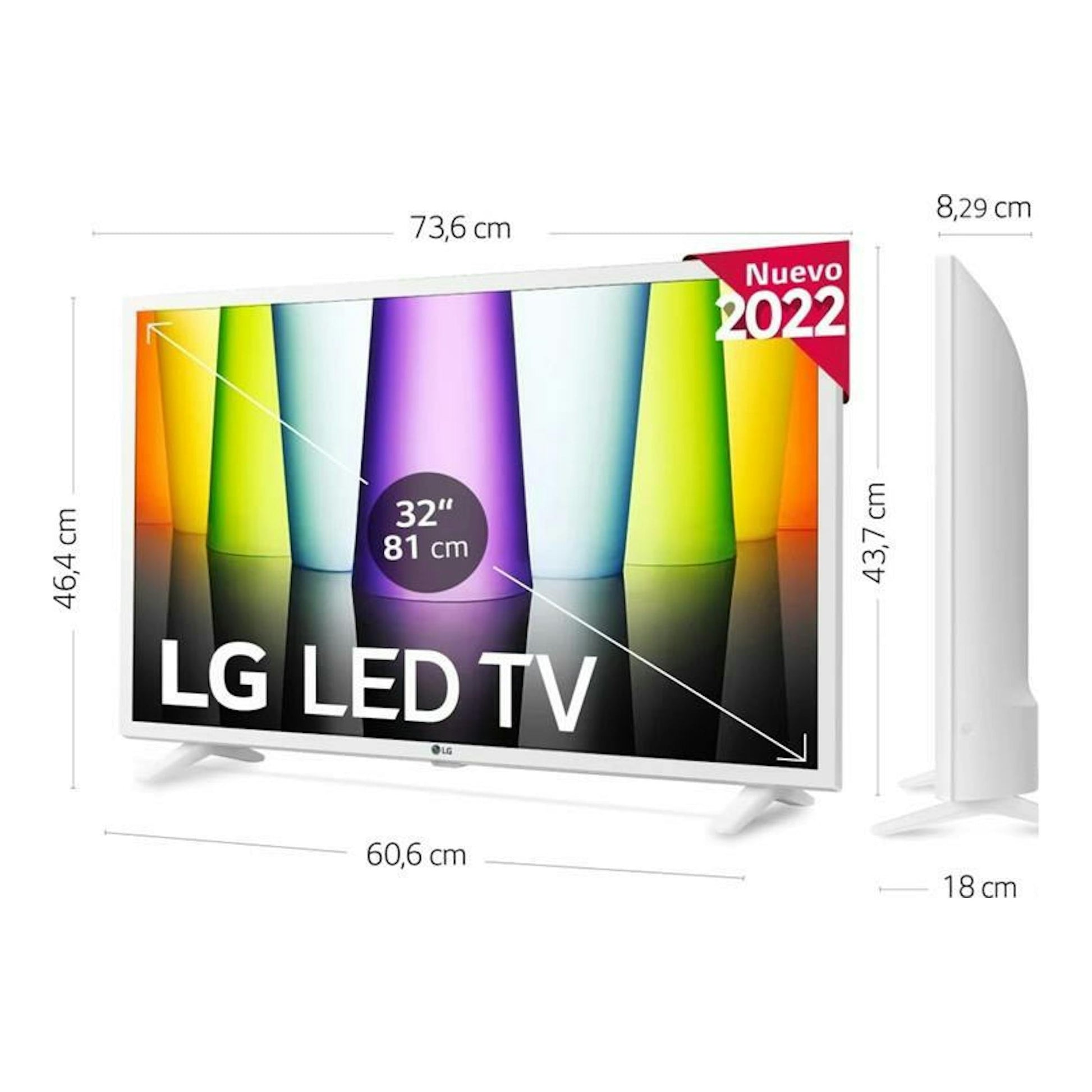 LG 32LQ63806LC TV LED de 32 pulgadas, vista frontal y lateral en color blanco, con medidas indicadas.