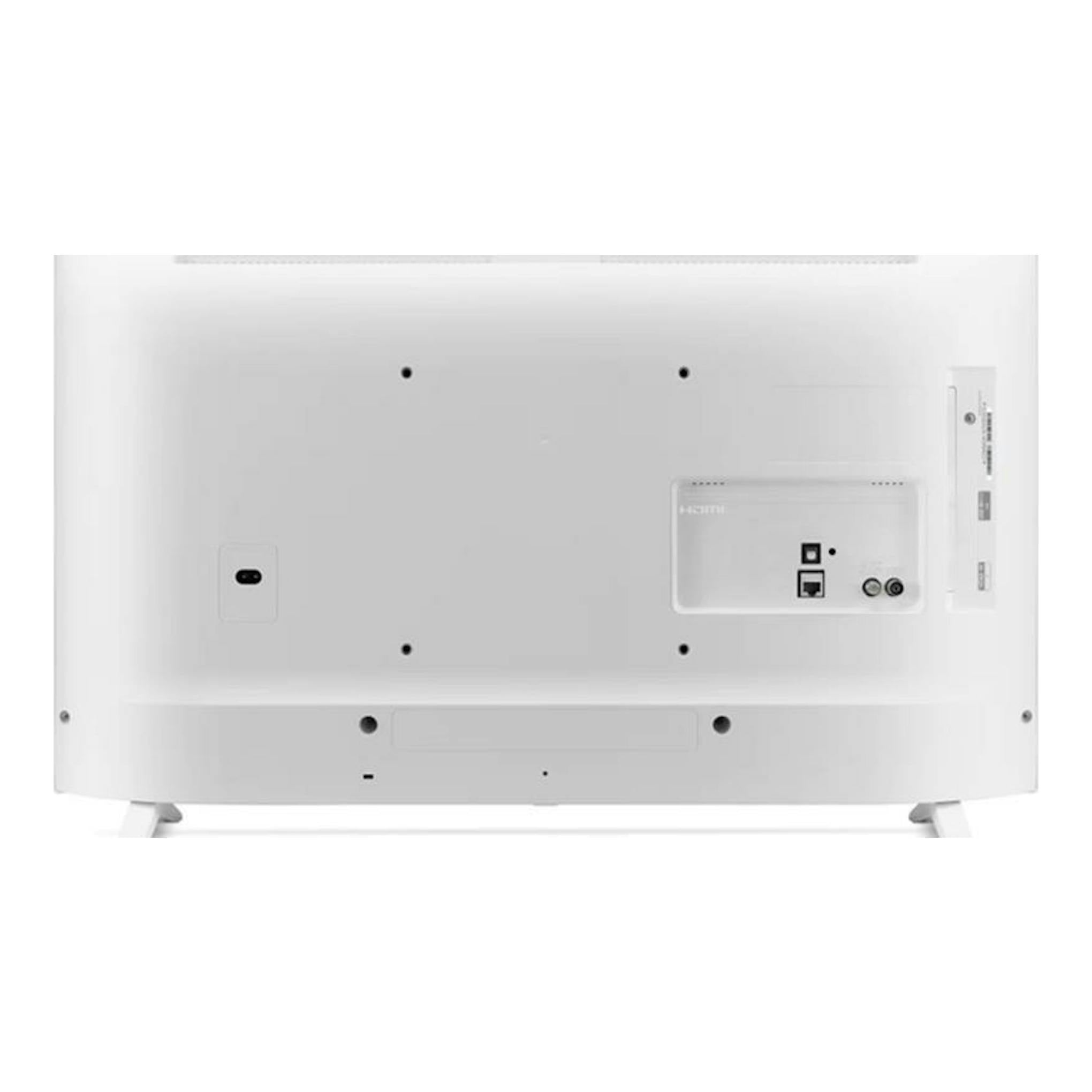 TV LG 32LQ63806LC blanca, vista trasera, con puertos y patas laterales.