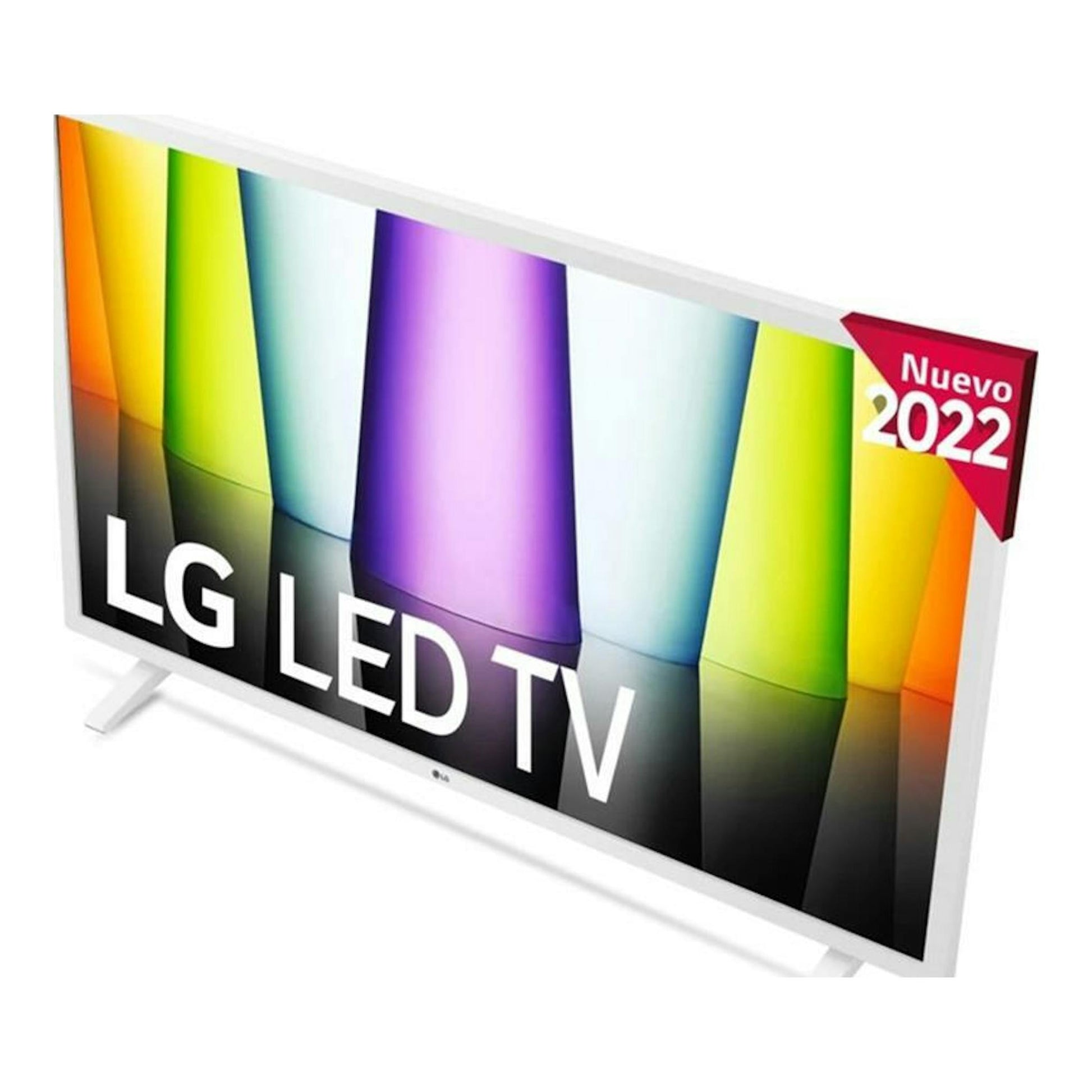 TV LG 32LQ63806LC LED de 32'' en vista oblicua, con marco blanco y pantalla con franjas de colores.