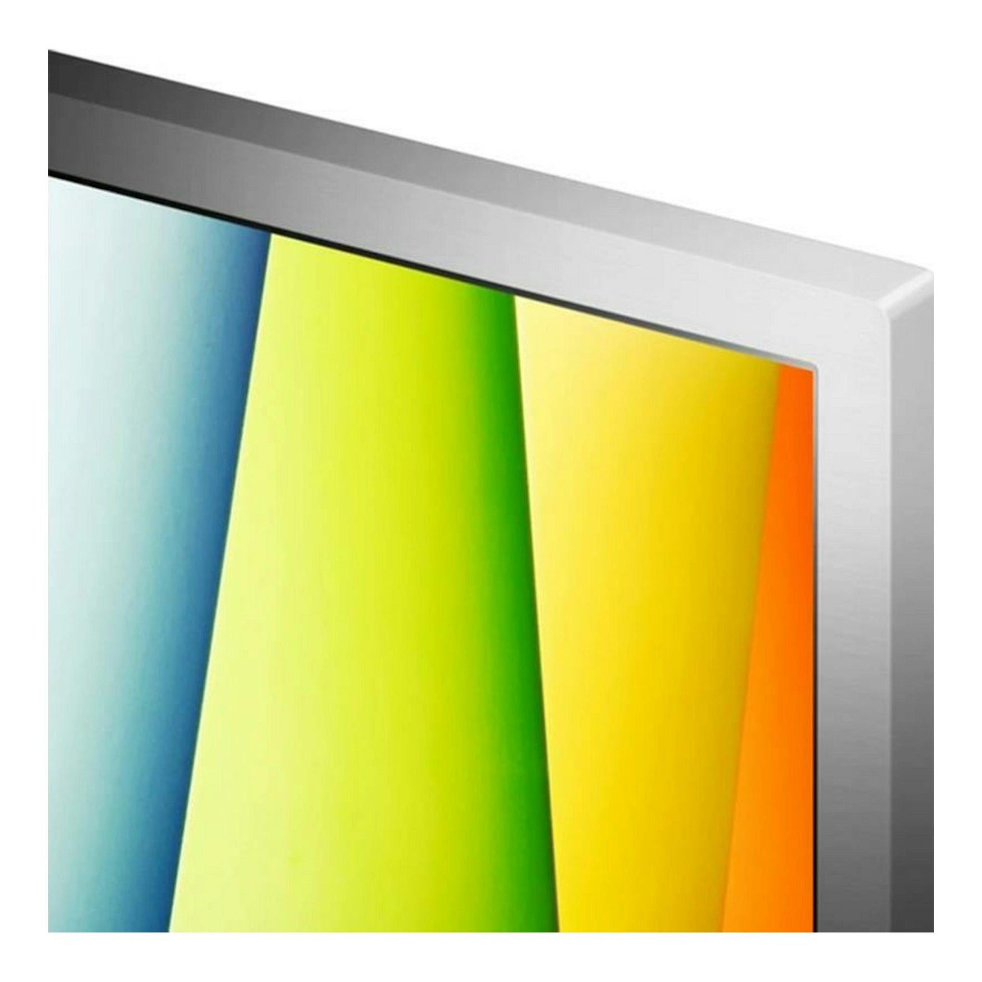 Televisor LG 32LQ63806LC LED de 32 pulgadas, vista parcial en ángulo, marco plateado y pantalla multicolor.
