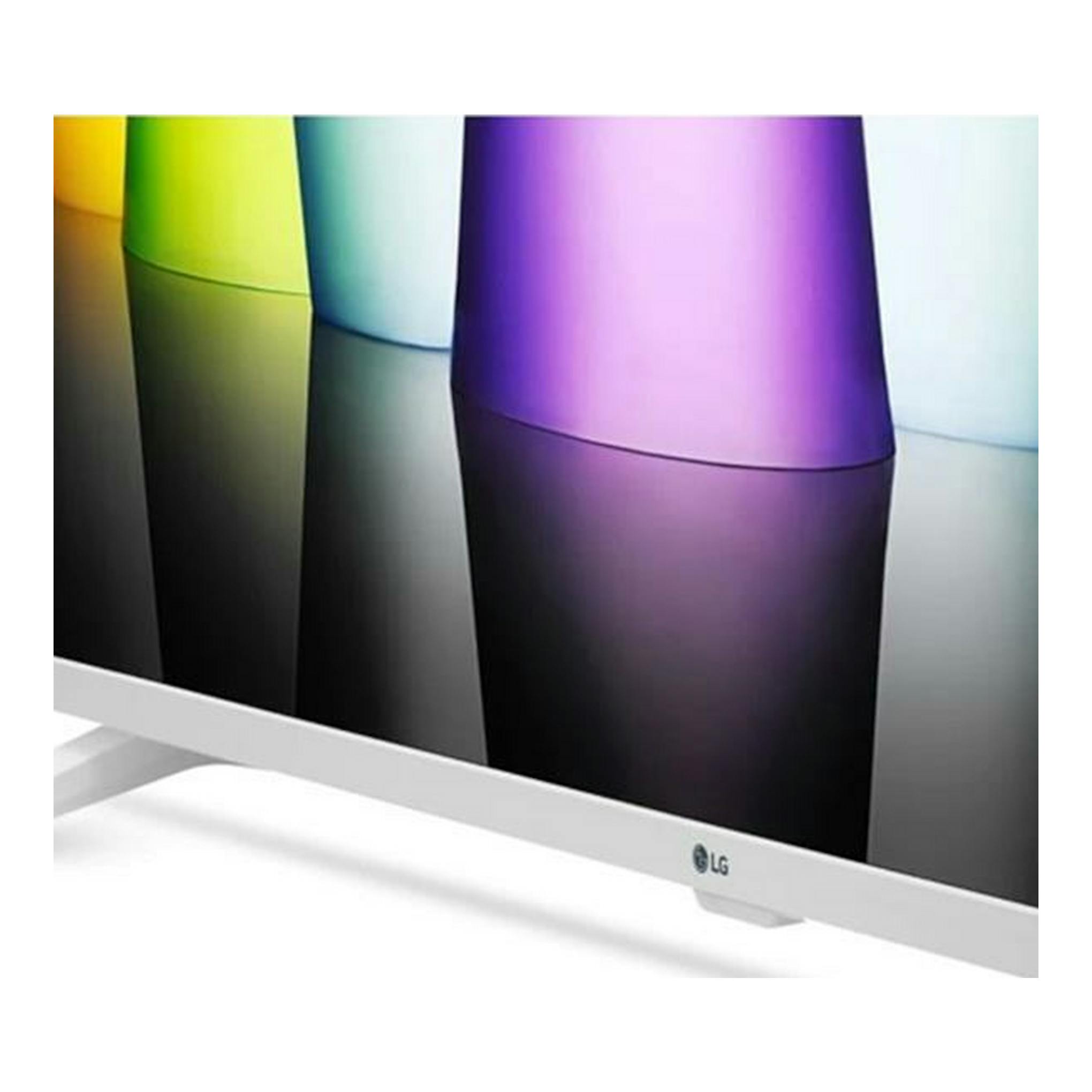 Televisor LG 32LQ63806LC blanco, vista frontal parcial, pantalla con cilindros de colores.