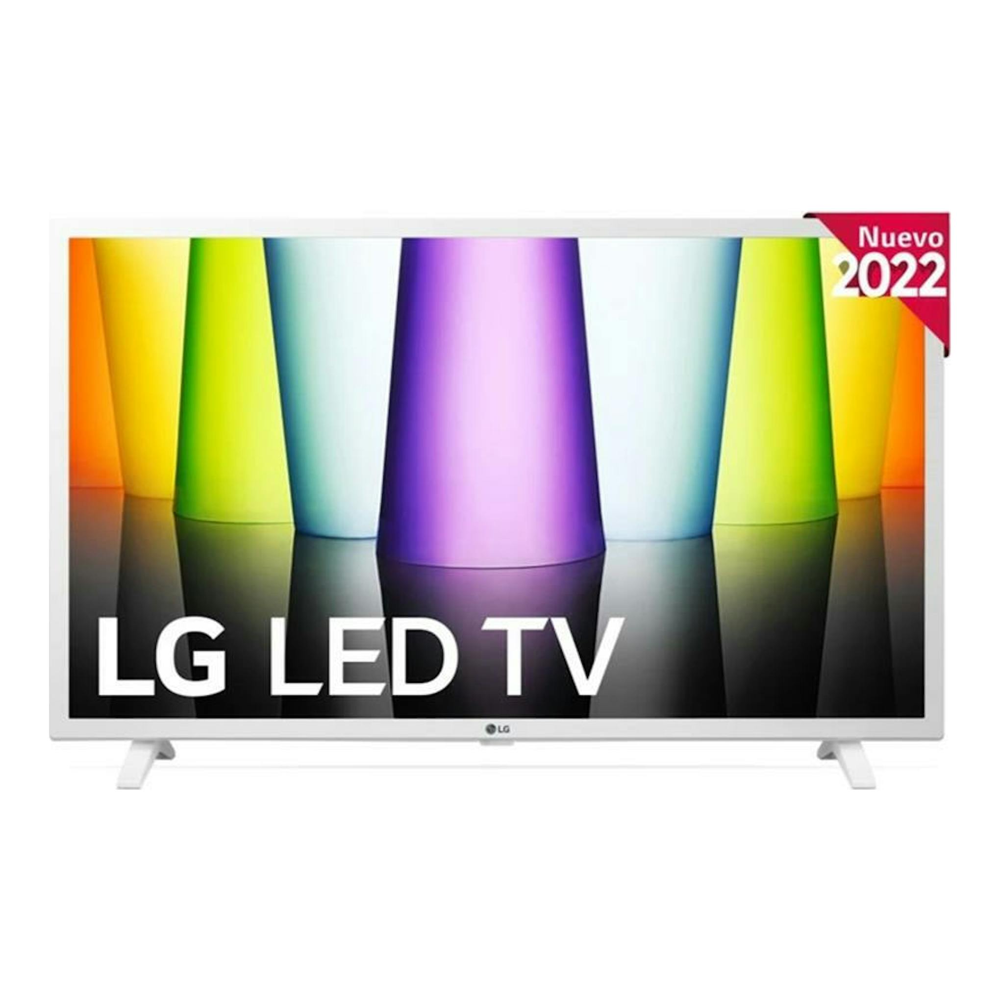 TV LG 32LQ63806LC LED de 32", vista frontal, marco blanco y pantalla con figuras de colores.