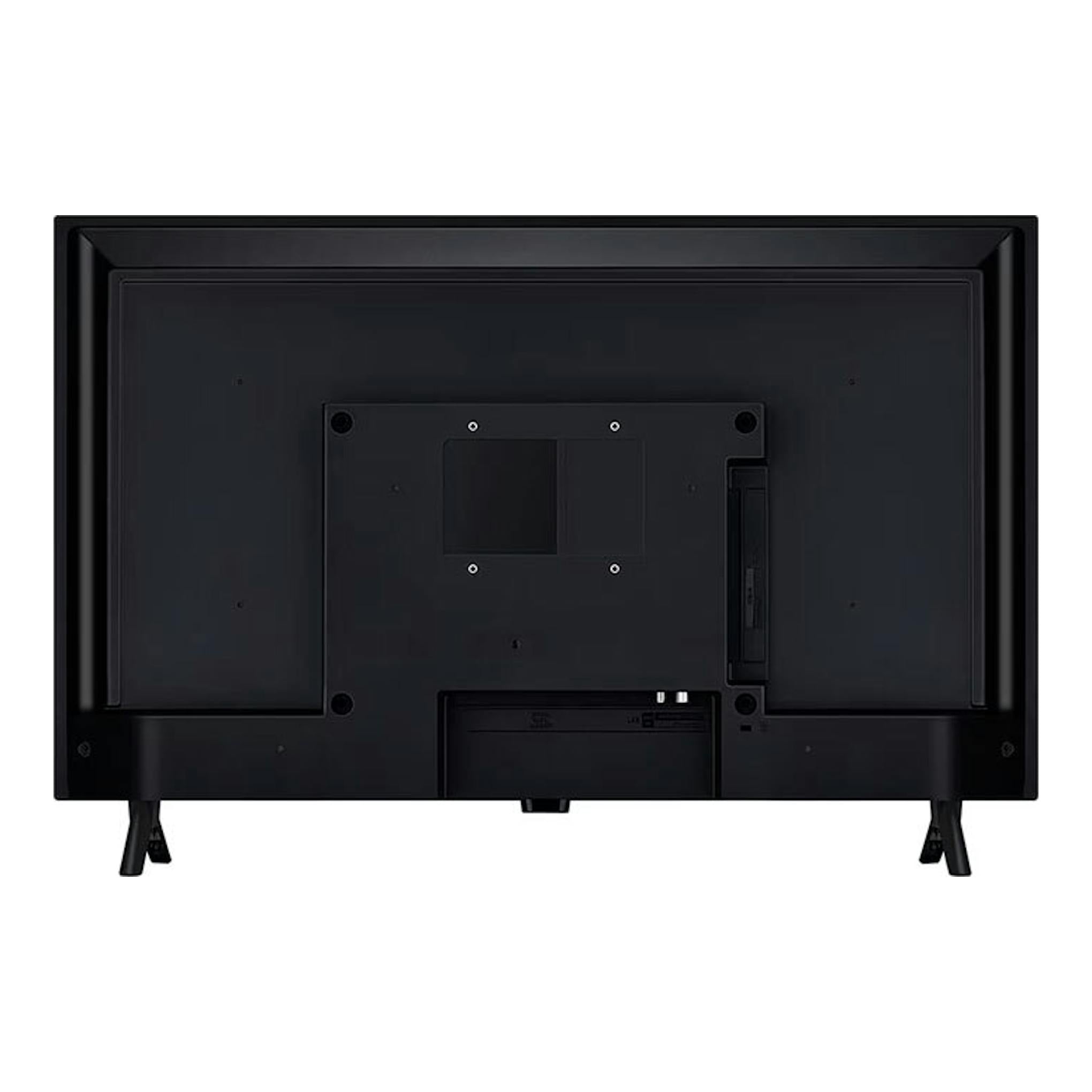 TV LG 32LR60006LA negra, vista trasera, con peana doble y panel posterior.