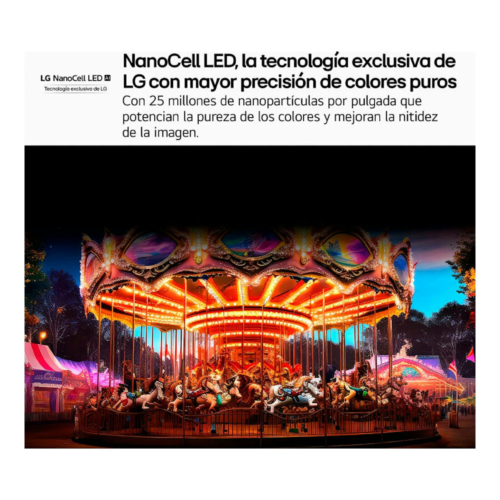 Gráfico promocional de LG NanoCell LED AI con carrusel nocturno iluminado y texto sobre colores puros.