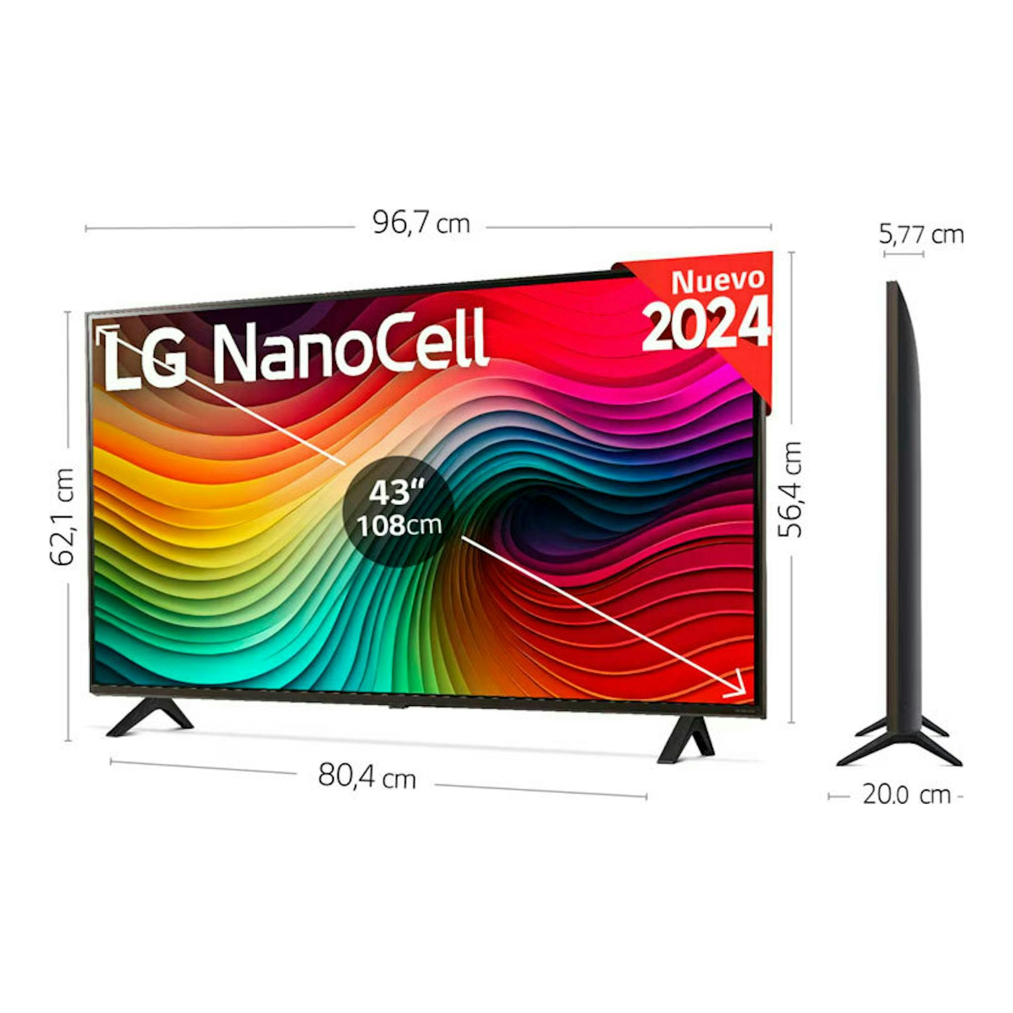 TV LG 43NANO82T6B NanoCell, vista frontal y lateral, color negro, 43", con medidas 96,7 x 62,1 x 5,77 cm.