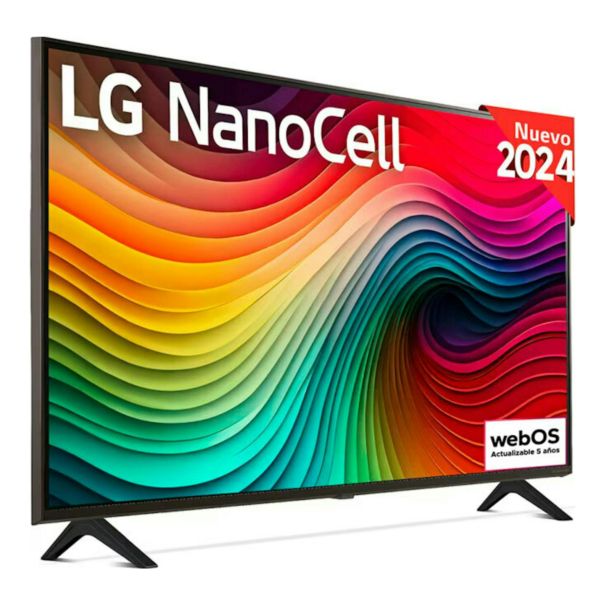 Televisor LG NanoCell 43NANO82T6B en vista frontal, con base negra de dos patas y pantalla multicolor.