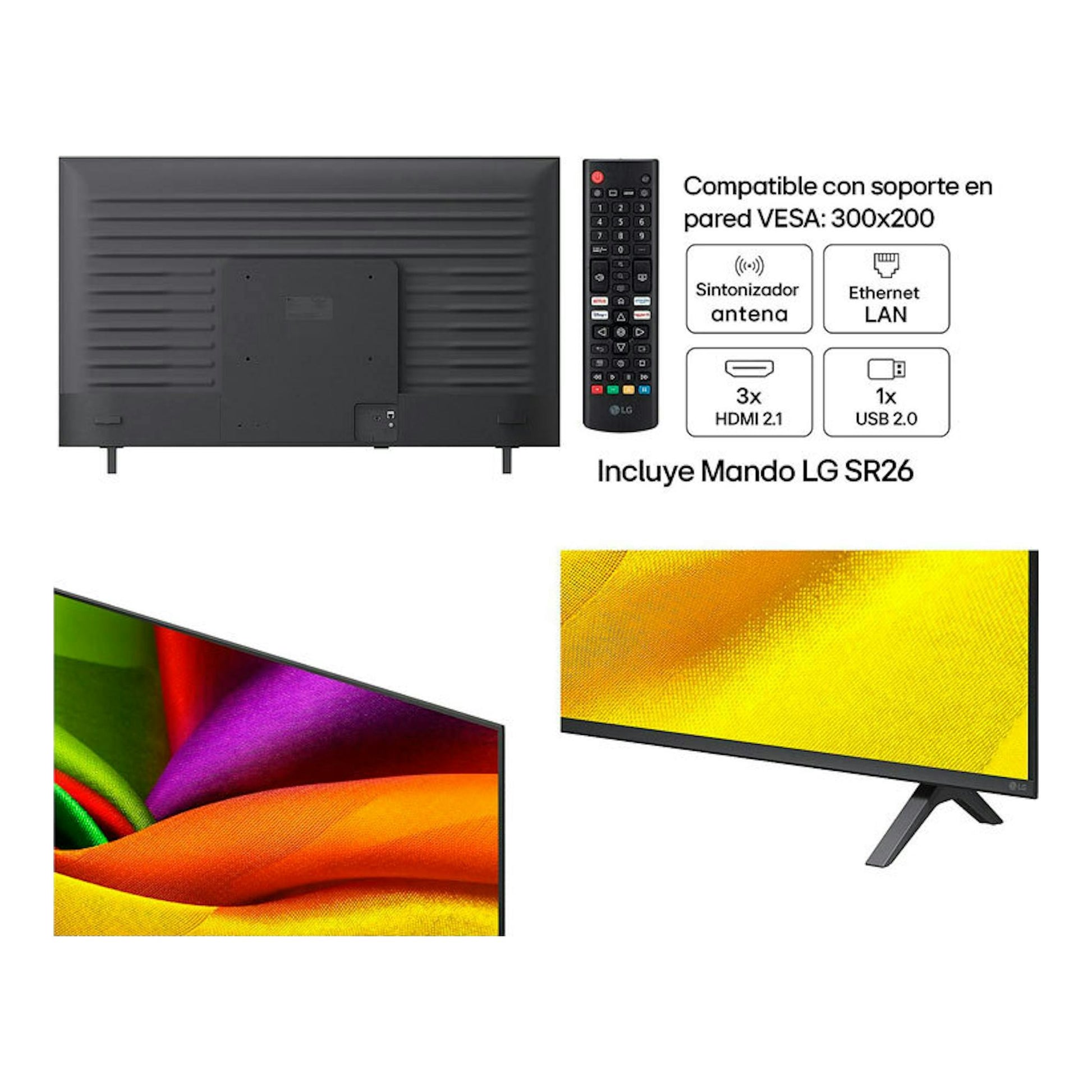 TV LG 43NU850B6LA negra, vista trasera y frontal, con mando y puertos.