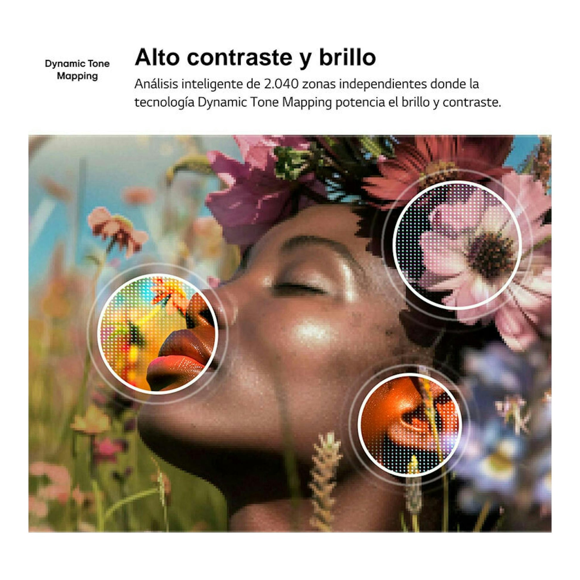 LG 43NU850B6LA: gráfica promocional con una mujer y flores, y texto sobre alto contraste y brillo.