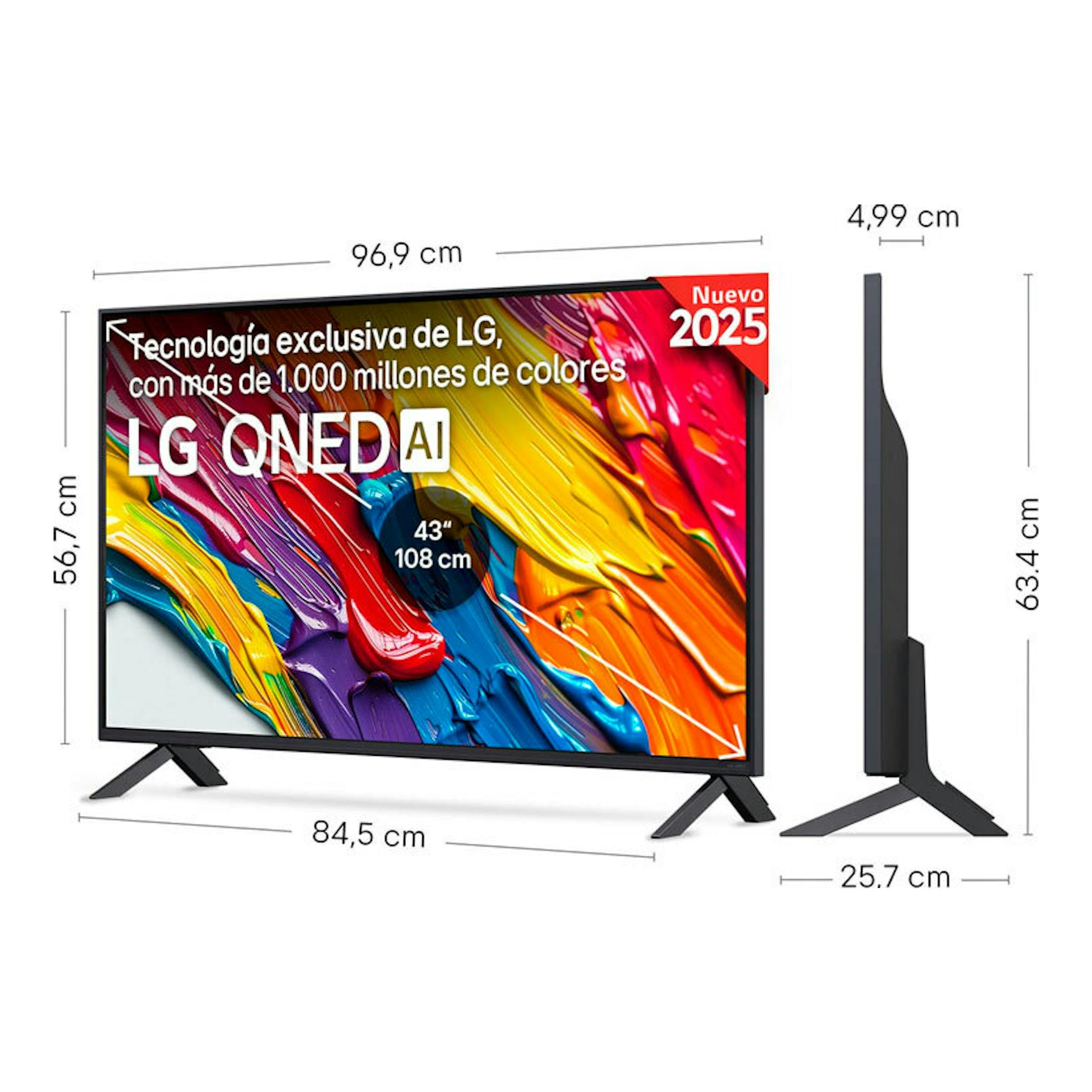TV LG 43QNED82A6B QNED AI de 43", vista frontal y lateral, color negro, con peana y medidas.