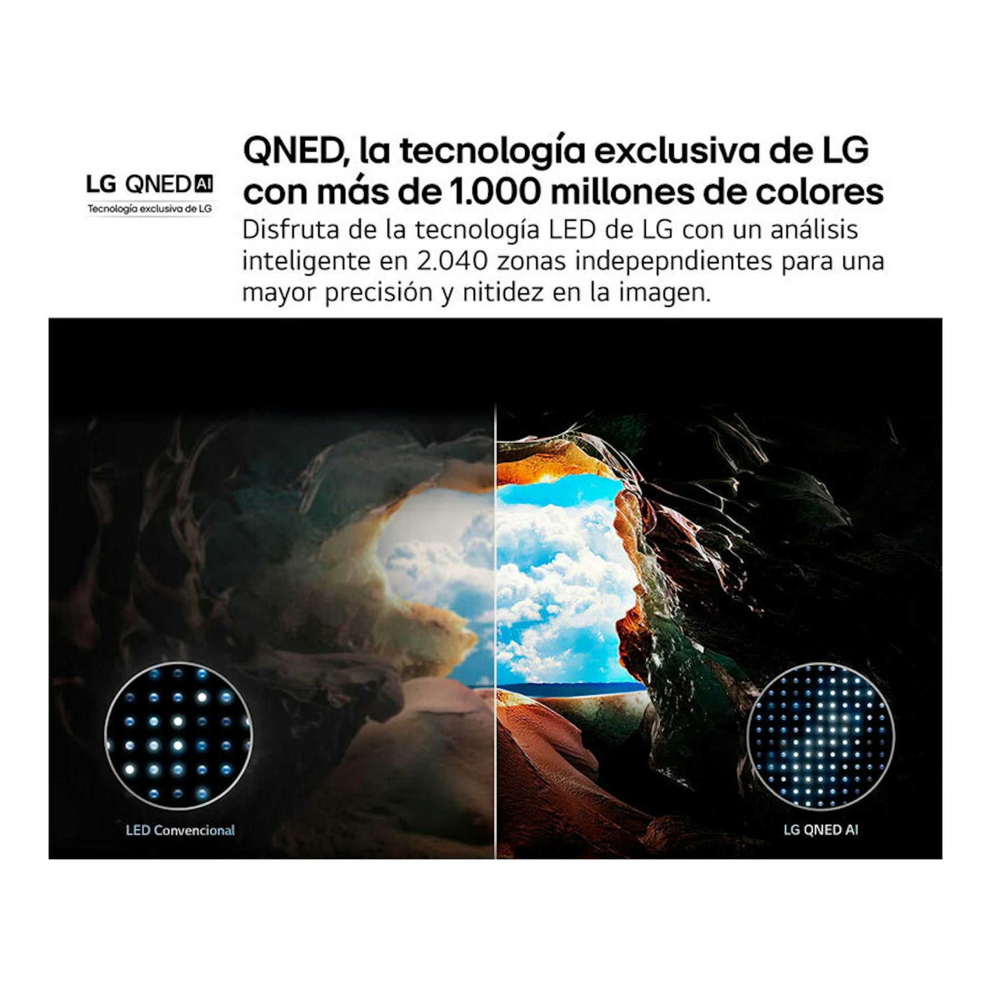 Imagen promocional de LG QNED AI con comparación de LED convencional y QNED AI en una cueva abierta al cielo.
