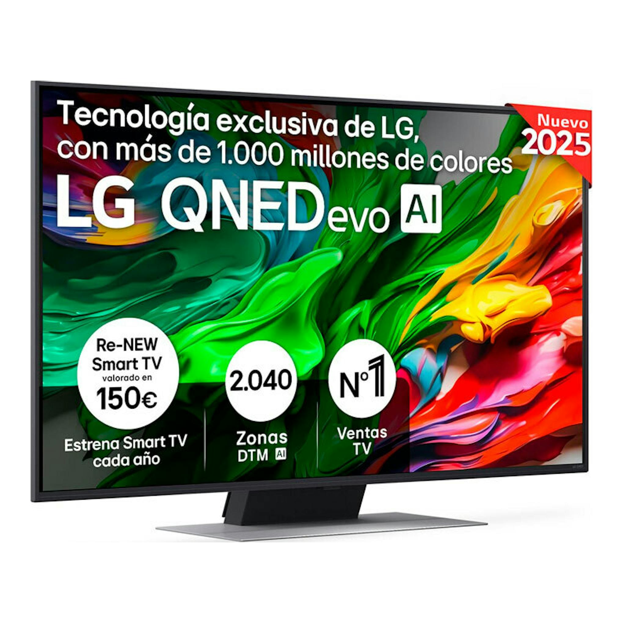 TV LG 43QNED87A6D QNED 4K de 43", vista frontal, marco negro y base central, pantalla con colores vivos.
