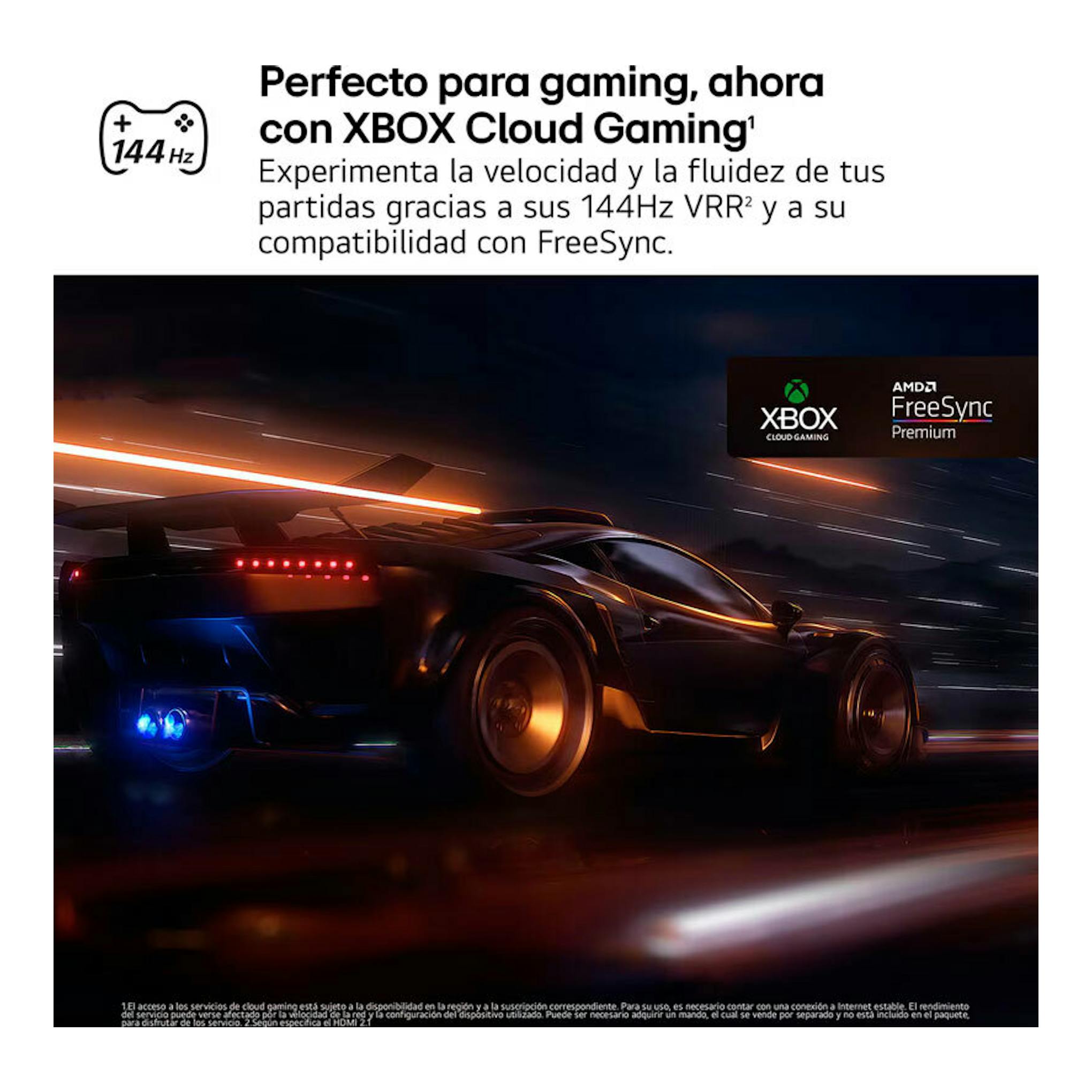 LG 43QNED87A6D: anuncio de TV con coche deportivo y texto sobre Xbox Cloud Gaming, 144 Hz y FreeSync.